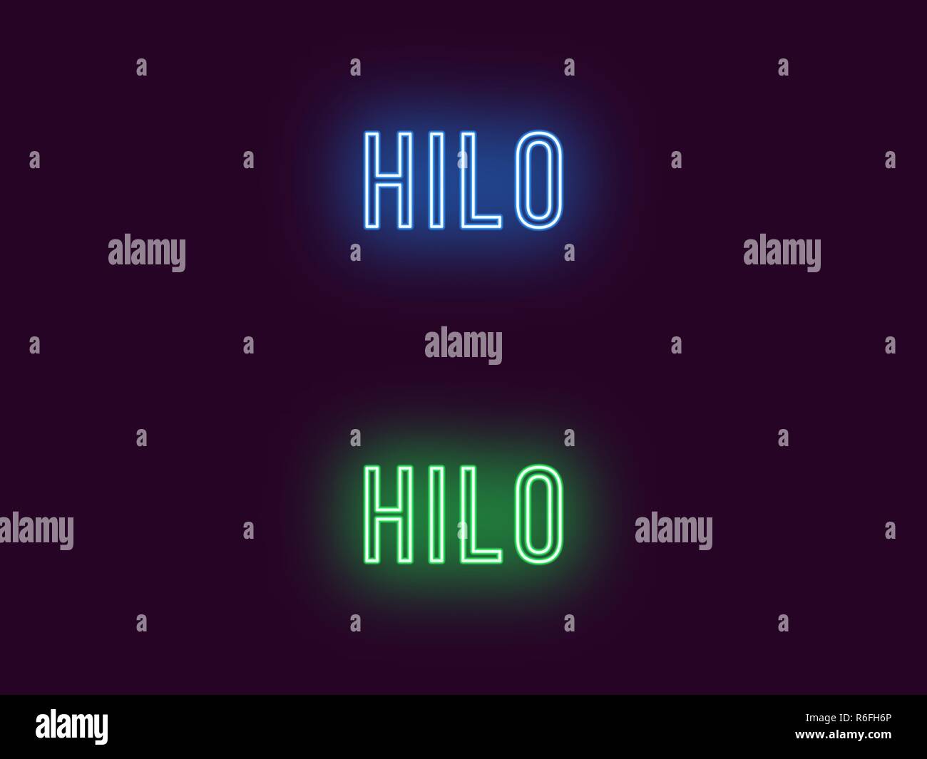 Neon name of Hilo city in Hawaii. Vector text of Hilo, Neon inscription with backlight in Thin style, blue and green colors. Isolated glowing title fo Stock Vector