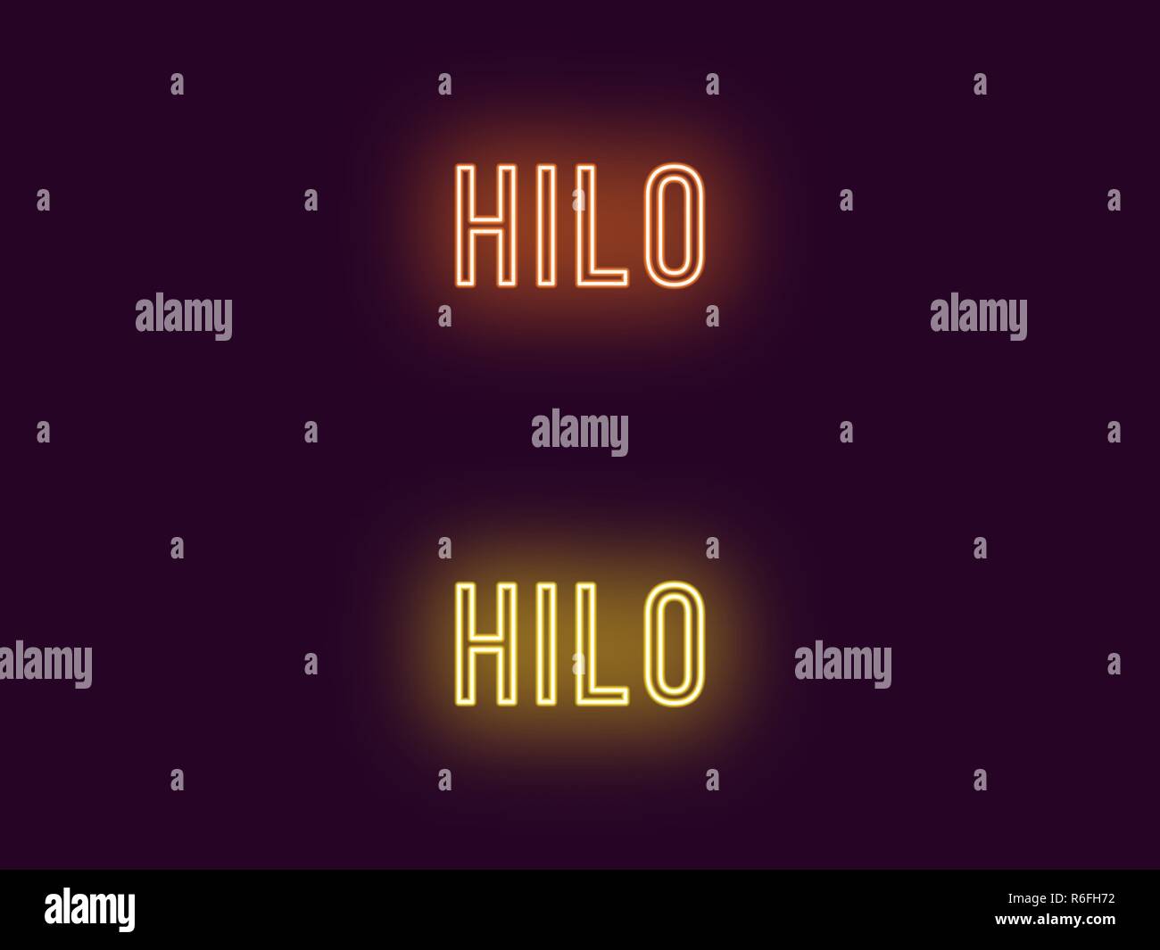 Neon name of Hilo city in Hawaii. Vector text of Hilo, Neon inscription with backlight in Thin style, orange and yellow colors. Isolated glowing title Stock Vector