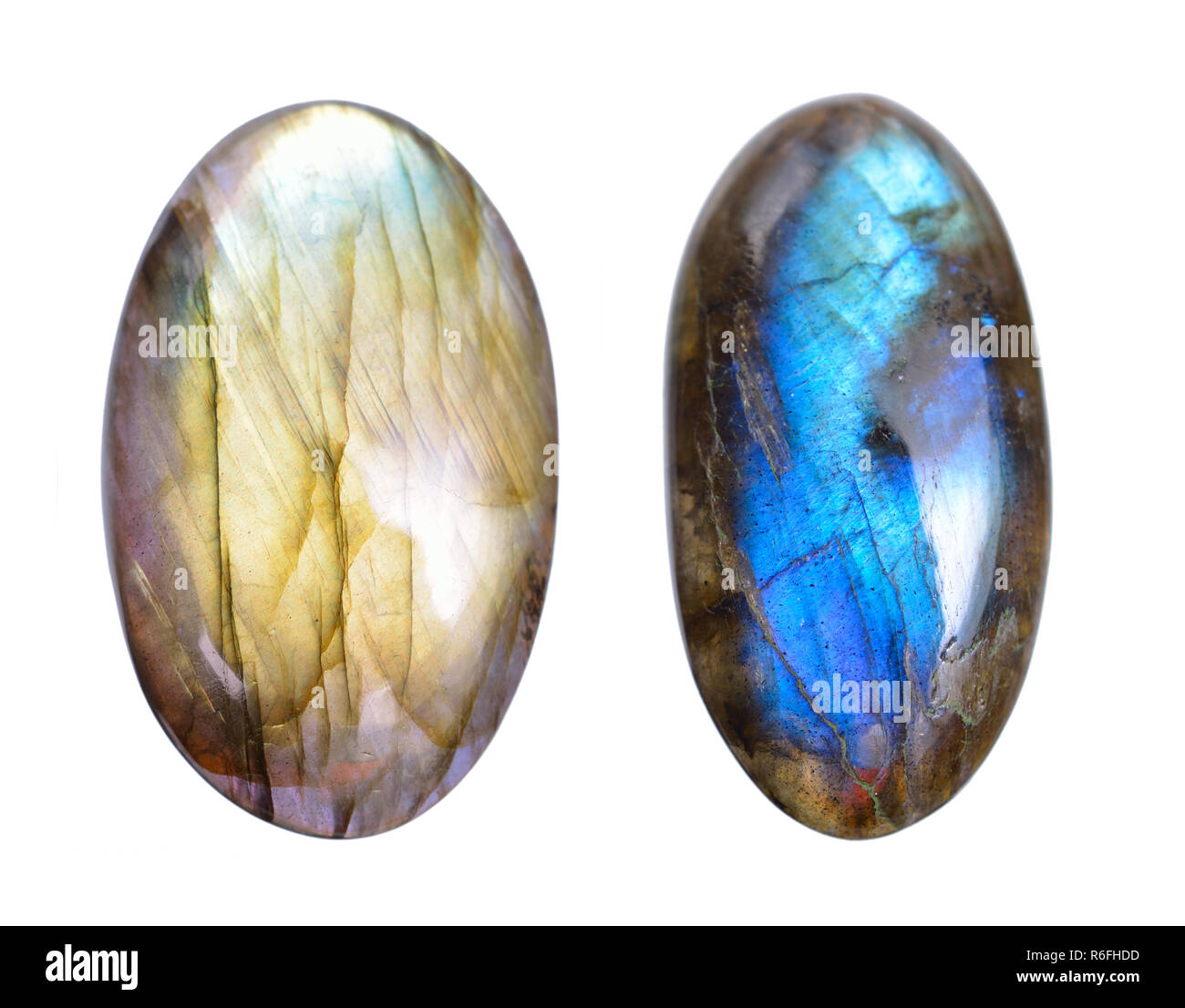 Two Polished blue labradorite Caboshons. Isolated on white background. Stock Photo