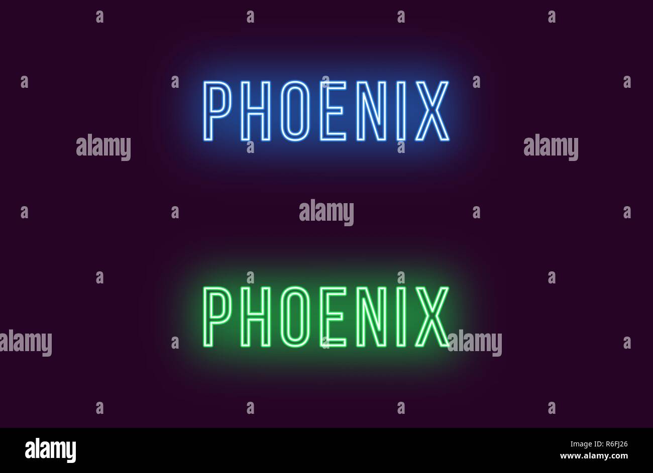 Neon name of Phoenix city in USA. Vector text of Phoenix, Neon