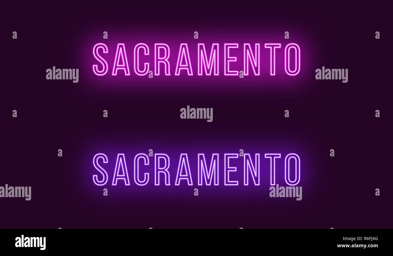 Neon name of Sacramento city in USA. Vector text of Sacramento, Neon inscription with backlight in Thin style, purple and violet colors. Isolated glow Stock Vector