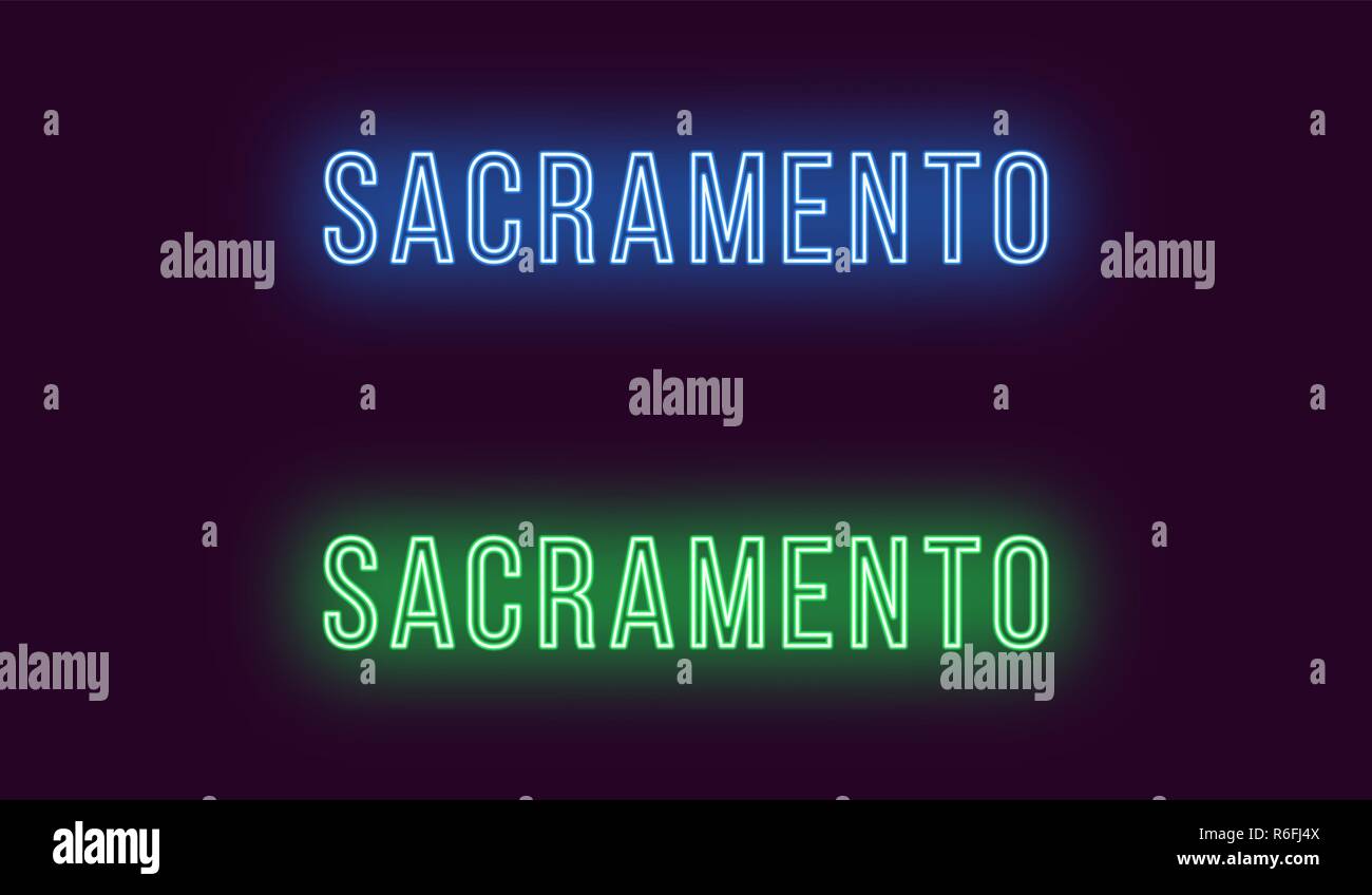 Neon name of Sacramento city in USA. Vector text of Sacramento, Neon inscription with backlight in Thin style, blue and green colors. Isolated glowing Stock Vector