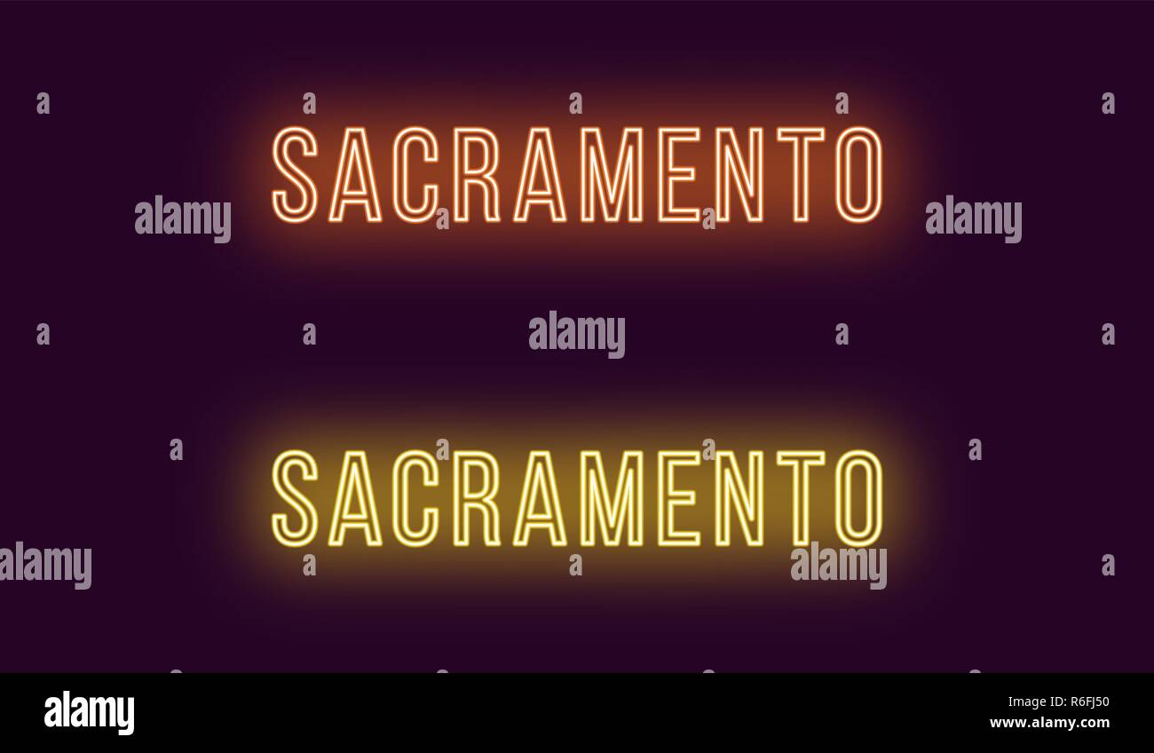 Neon name of Sacramento city in USA. Vector text of Sacramento, Neon inscription with backlight in Thin style, orange and yellow colors. Isolated glow Stock Vector