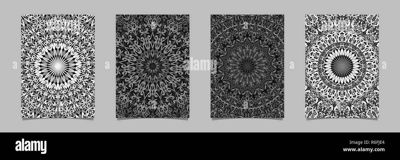 Grey abstract floral kaleidoscope mandala pattern page background template set Stock Vector