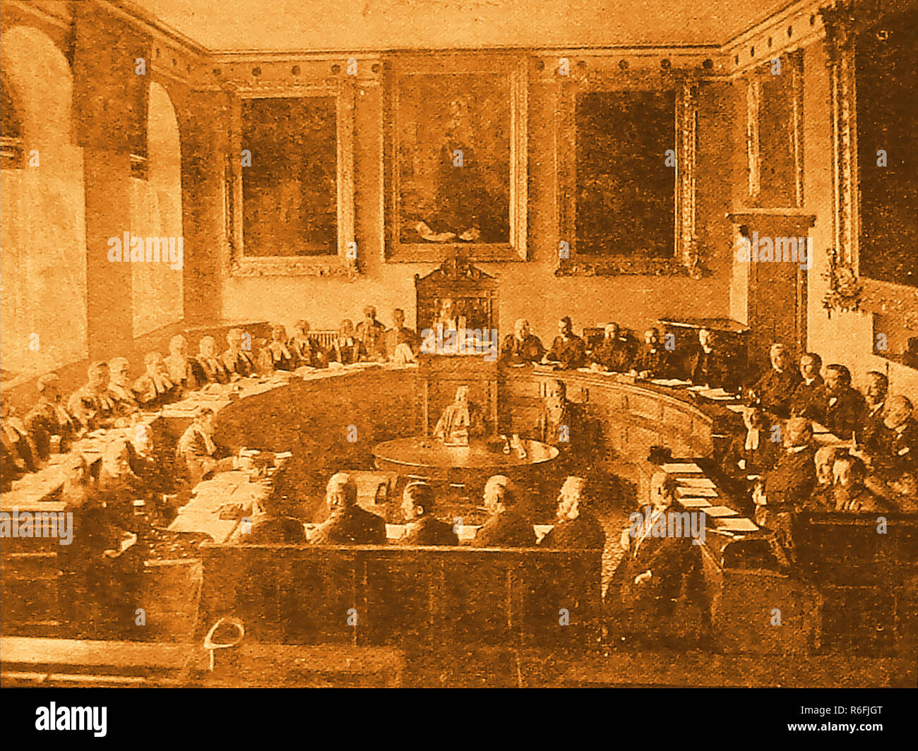 An old photograph of the sitting of the Legislative Council of Guernsey, Channel Islands in the late 1800's Stock Photo