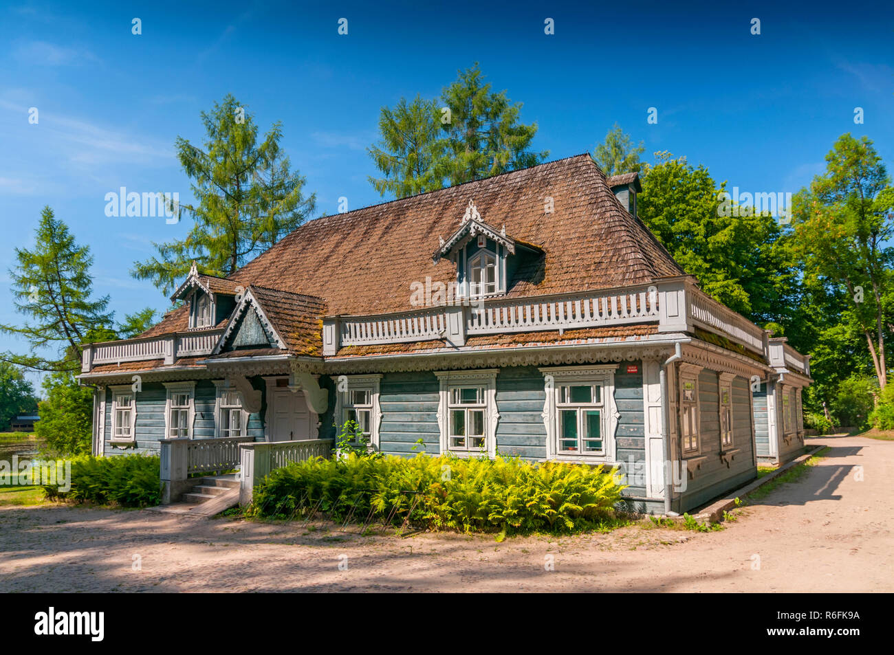 Historic Manor House Situated In Palace Park Dating From 1845, The Oldest Building In Bialowieza Town, Poland Stock Photo