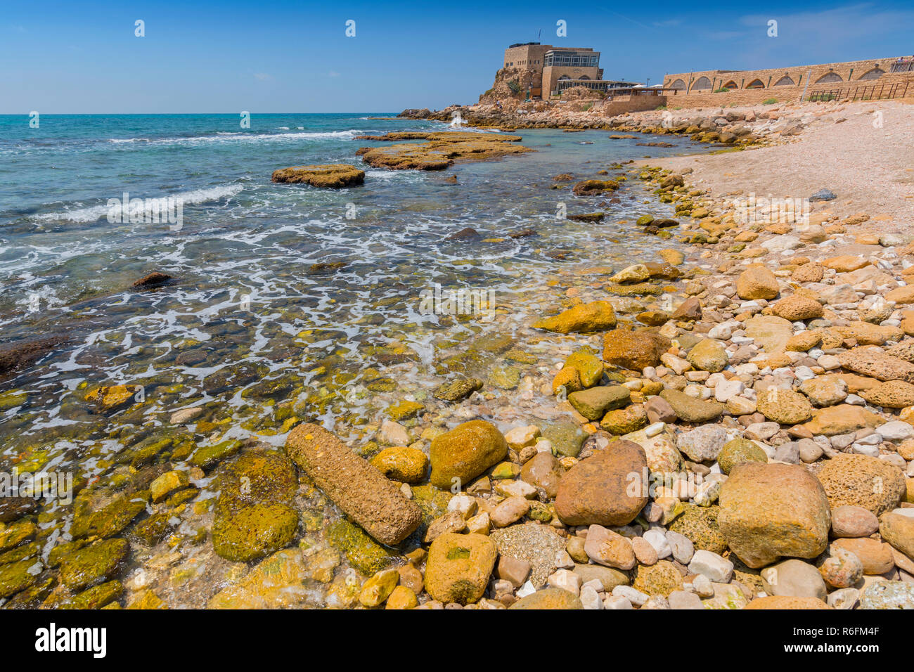 Mediterranean Coast At The Roman Archaeological Site In Caesarea, Israel Stock Photo