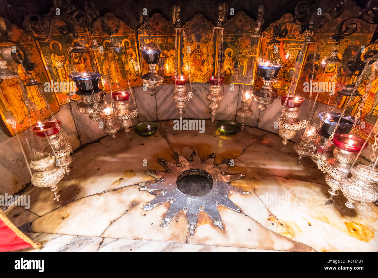 A Silver Star Marks The Traditional Site Of The Birth Of Jesus In A Grotto Underneath Bethlehem'S Church Of The Nativity, Palestine Stock Photo