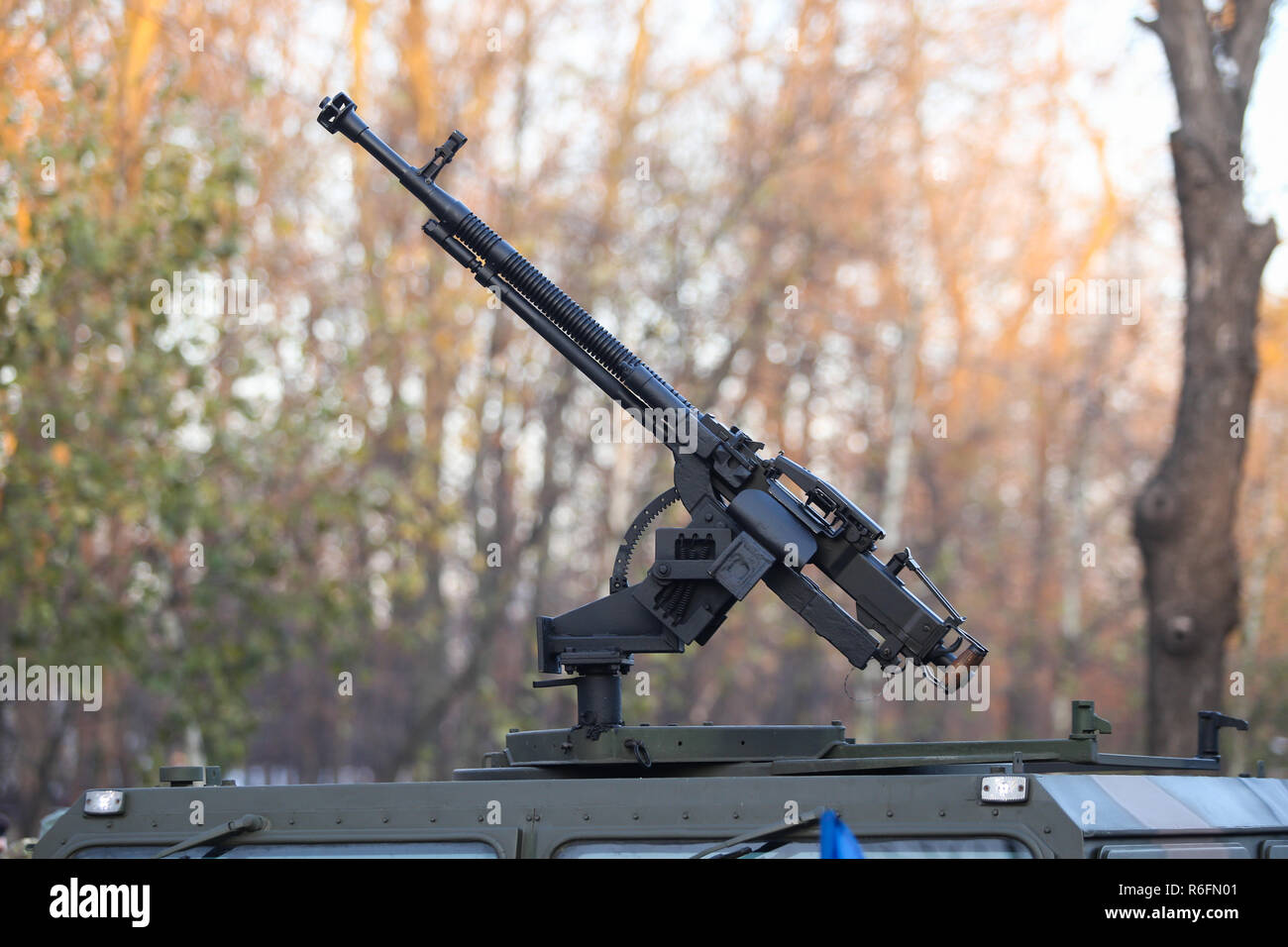 BUCHAREST, ROMANIA - December 1, 2018: 50 cal machine gun mounted on a Humvee military vehicle Stock Photo