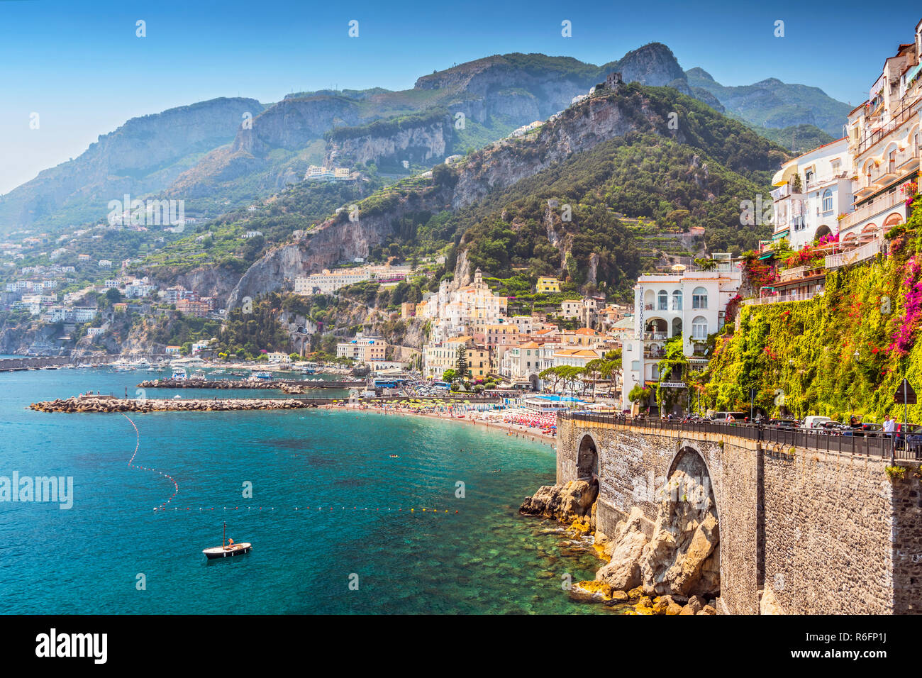 View Of The Beautiful Town Of Amalfi At Famous Amalfi Coast With Gulf Of Salerno, Campania