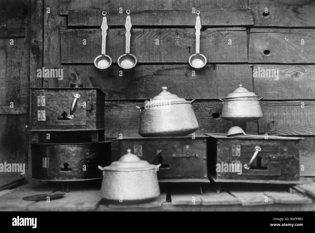 Kitchen utensils Kulu Manali Himachal Pradesh India, old vintage 1900s picture Stock Photo
