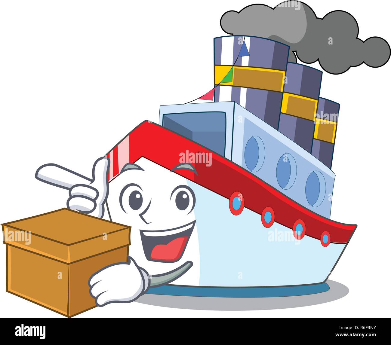 With box aerial in cartoon cargo ship view vector illustration Stock Vector