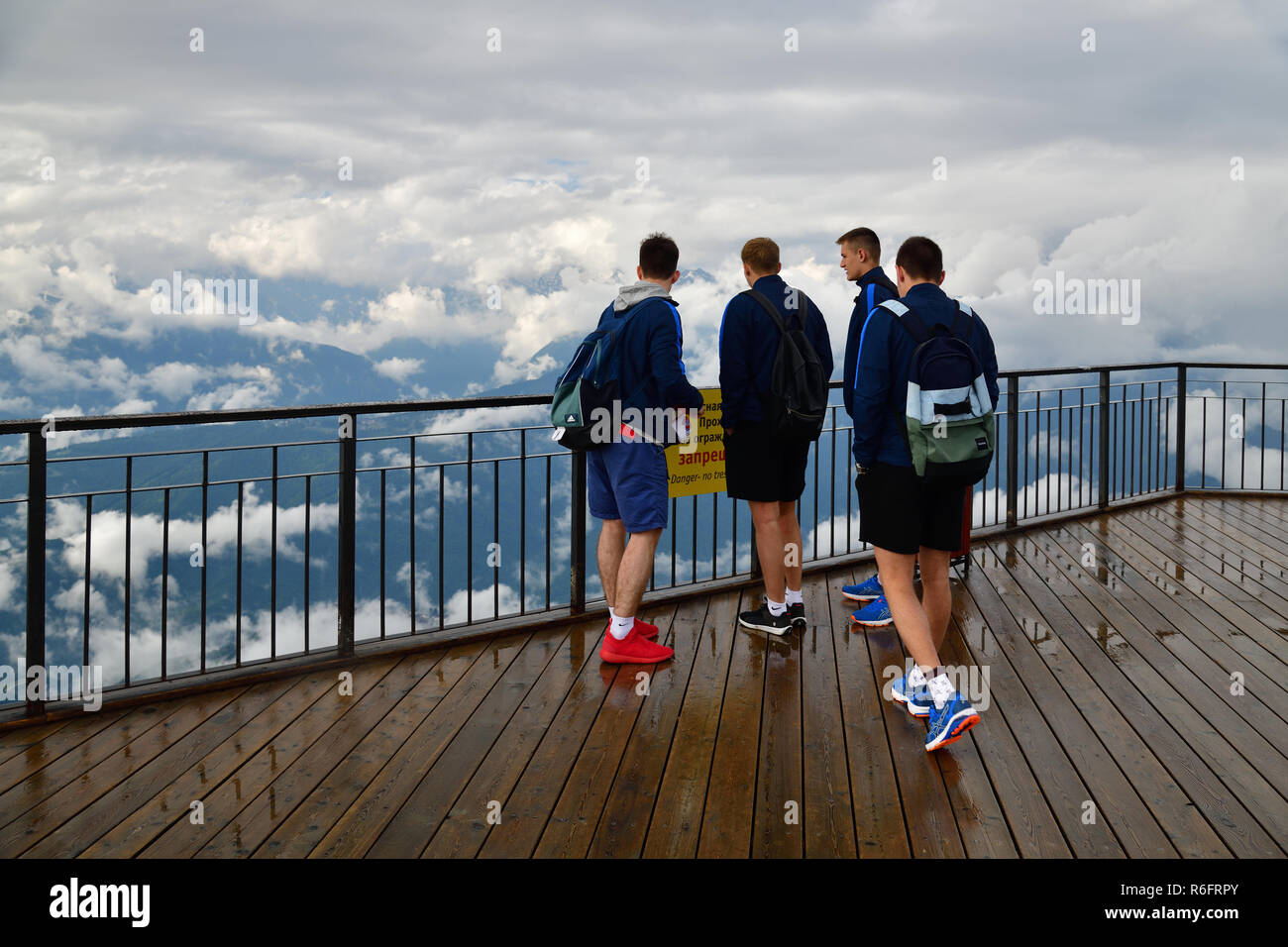 Sochi, Russia - June 1. 2018. Tourists on observation deck Rose Peak at an altitude of 2320 meters Stock Photo