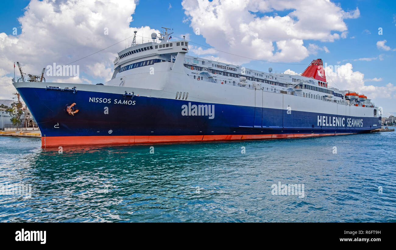 Hellenic Seaways car and ferry Nissos Samos berthing port of Piraeus Athens Greece Europe Stock Photo Alamy