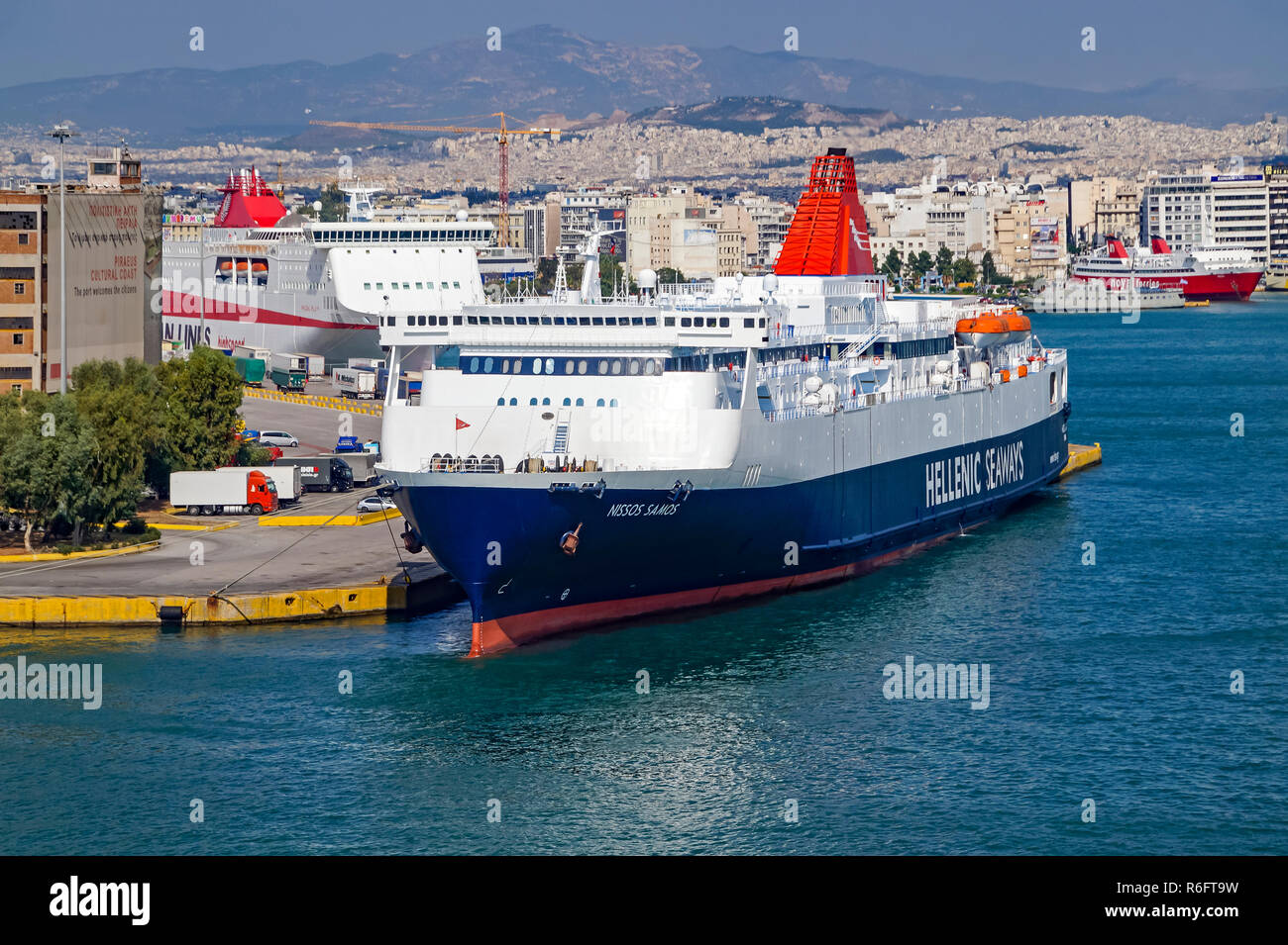 Hellenic Seaways car and passenger ferry Hellenic Samos moored in port of Piraeus Athens Greece Europe Stock Photo