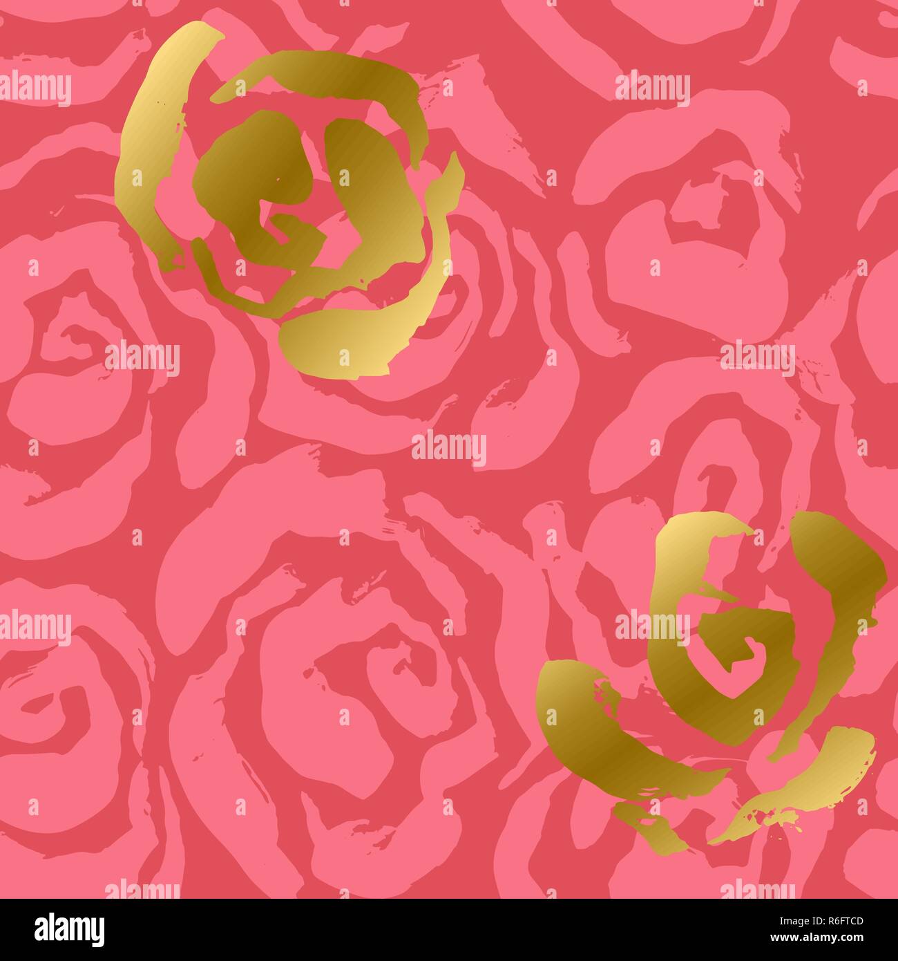 Abstract roses pink and gold background. Flower seamless pattern