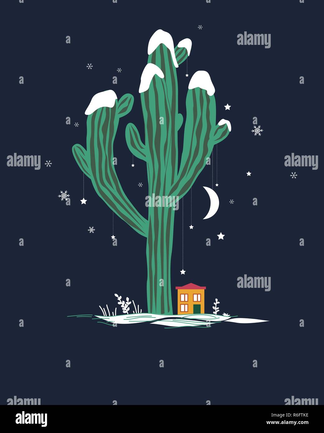 Cute cartoon illustration with high saguaro cactus and liitle house. Mexican fairy winter landscape, Christmas card. Stock Vector
