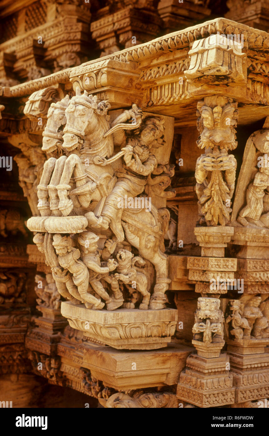 17th century wood carving in a temple chariot at madurai, tamil nadu, india Stock Photo