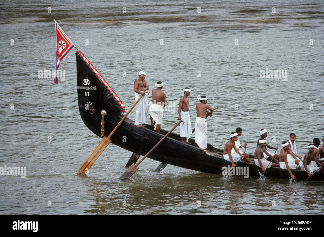 The Amaram tail part of Snake boat studded with golden orbs and fringes, Aranmola, Kerala, india Stock Photo