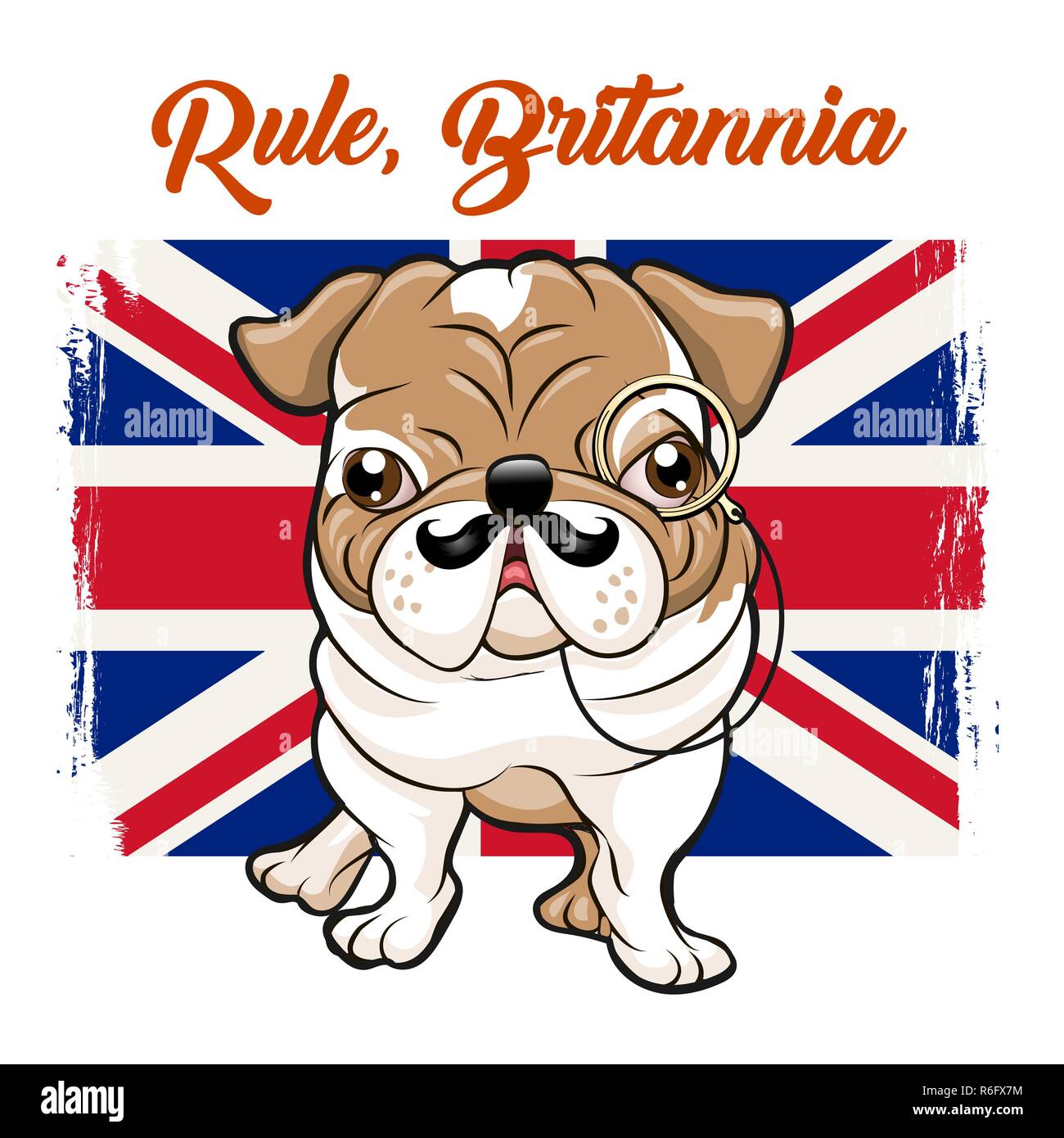 Funny English bulldog with mustaches and monokle on Great britain flag and slogan Rule Britannia. vector illustration. Stock Vector