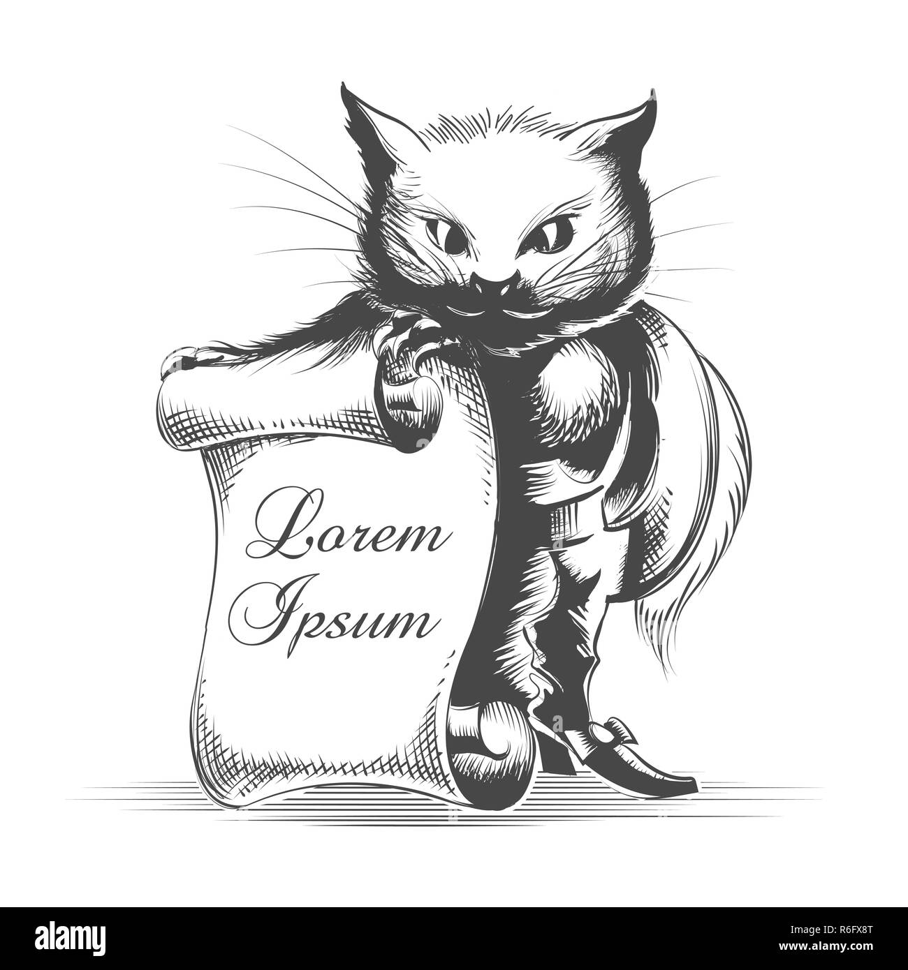 Puss in Boots with Empty Scroll  drawn in engraving style. Vector illustration. Stock Vector