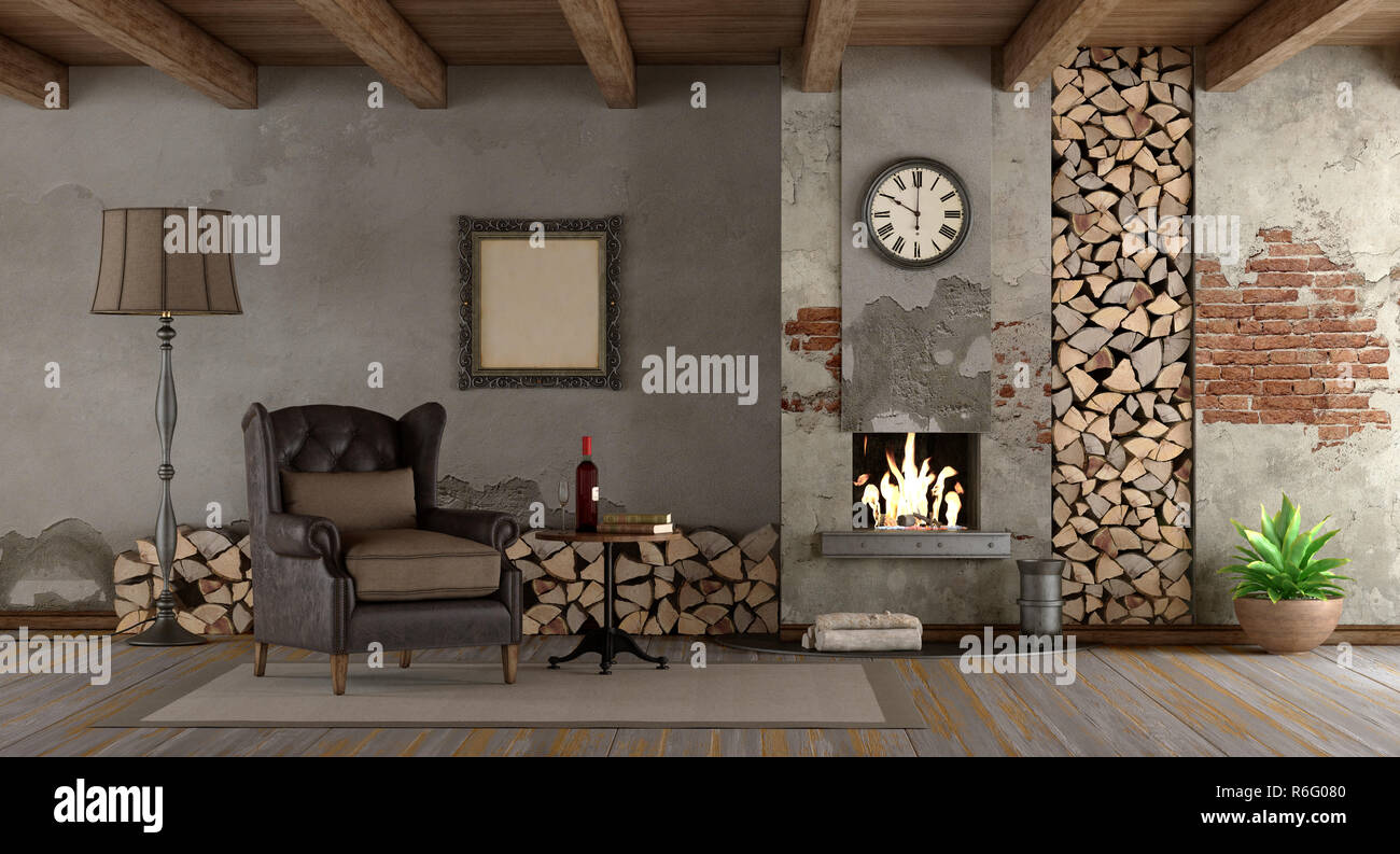 Retro living room with fireplace Stock Photo