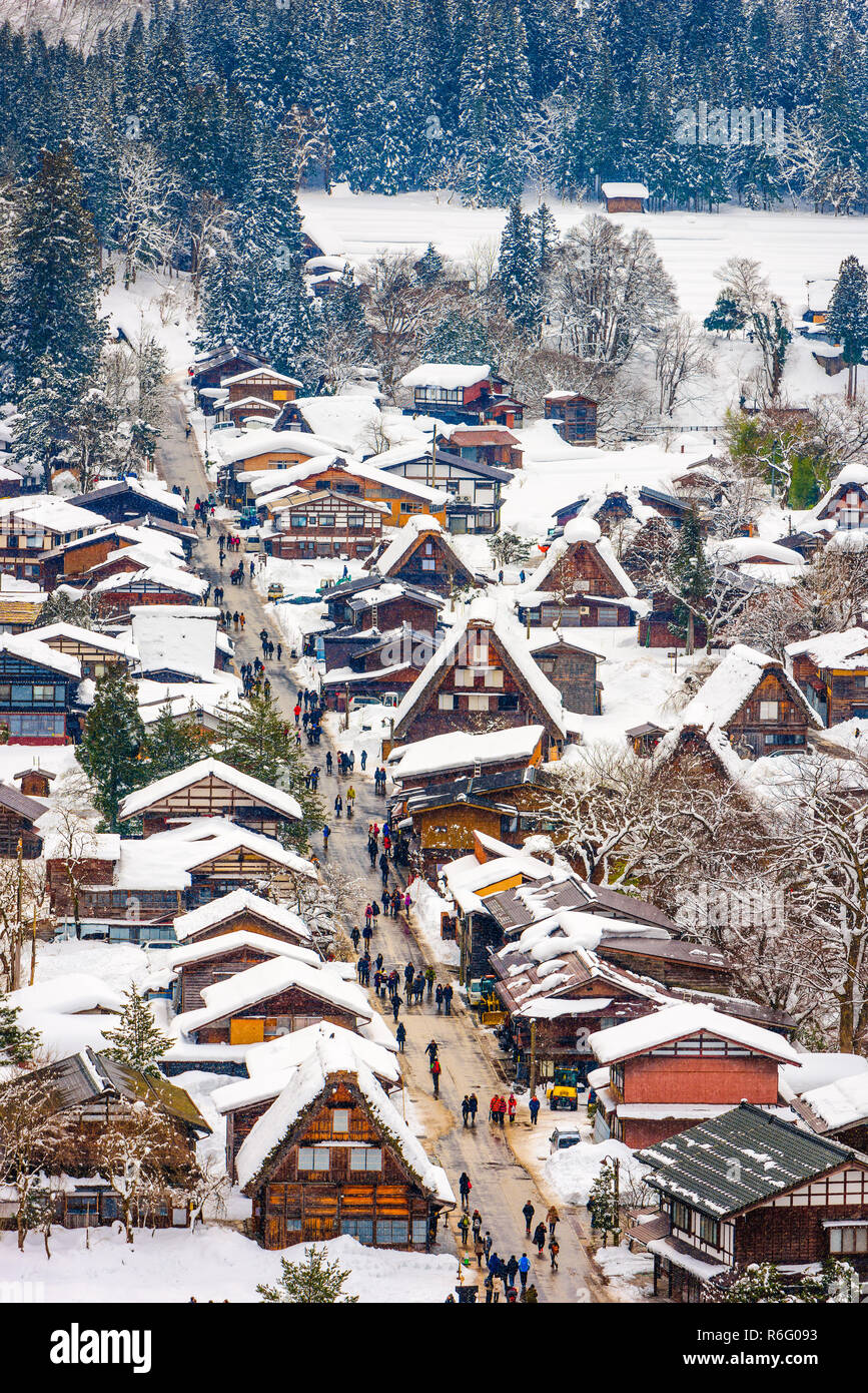 Shirakawago, Gifu, Japan historic farming village in winter. Stock Photo