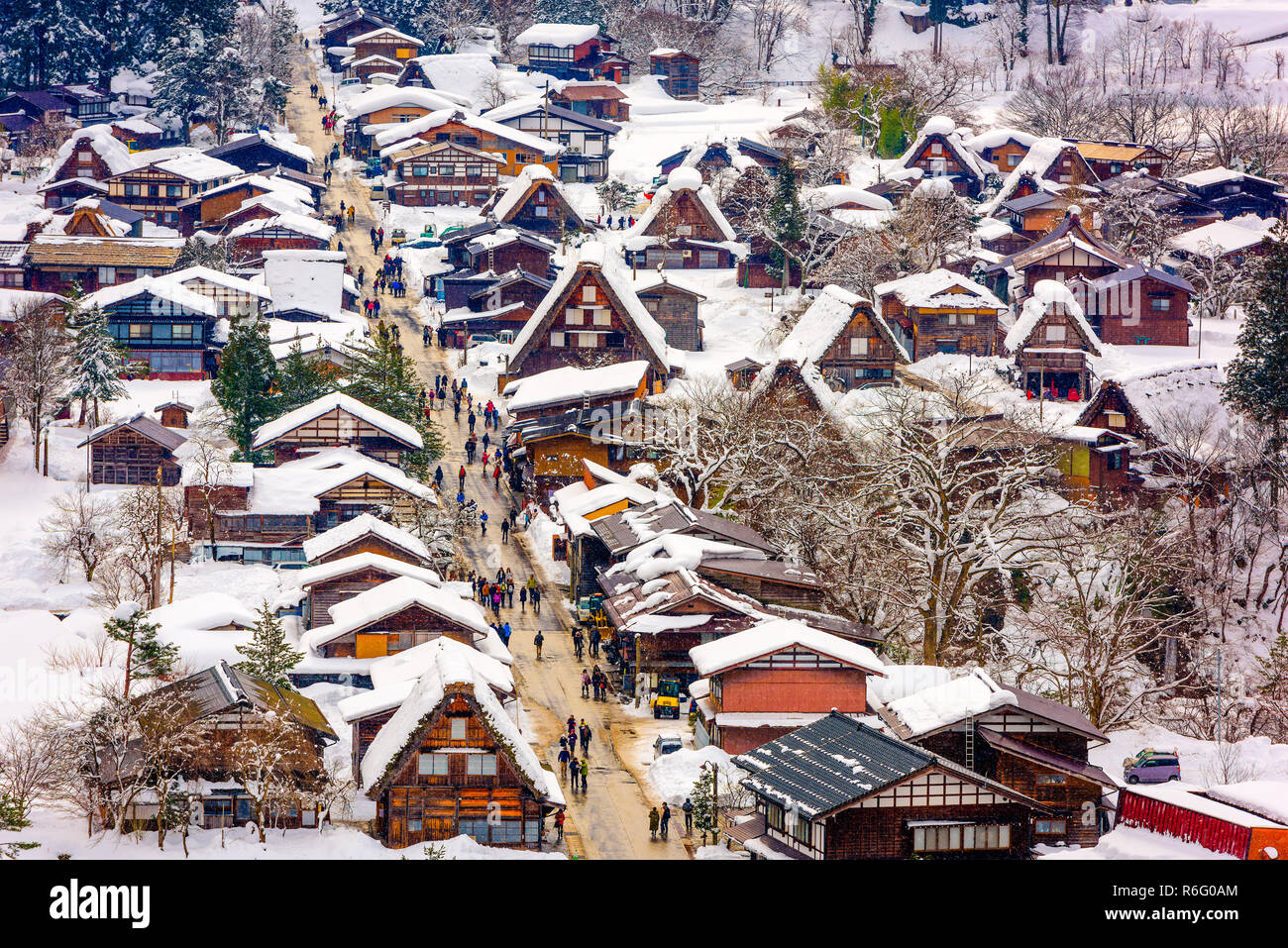 Shirakawago, Gifu, Japan historic farming village in winter. Stock Photo