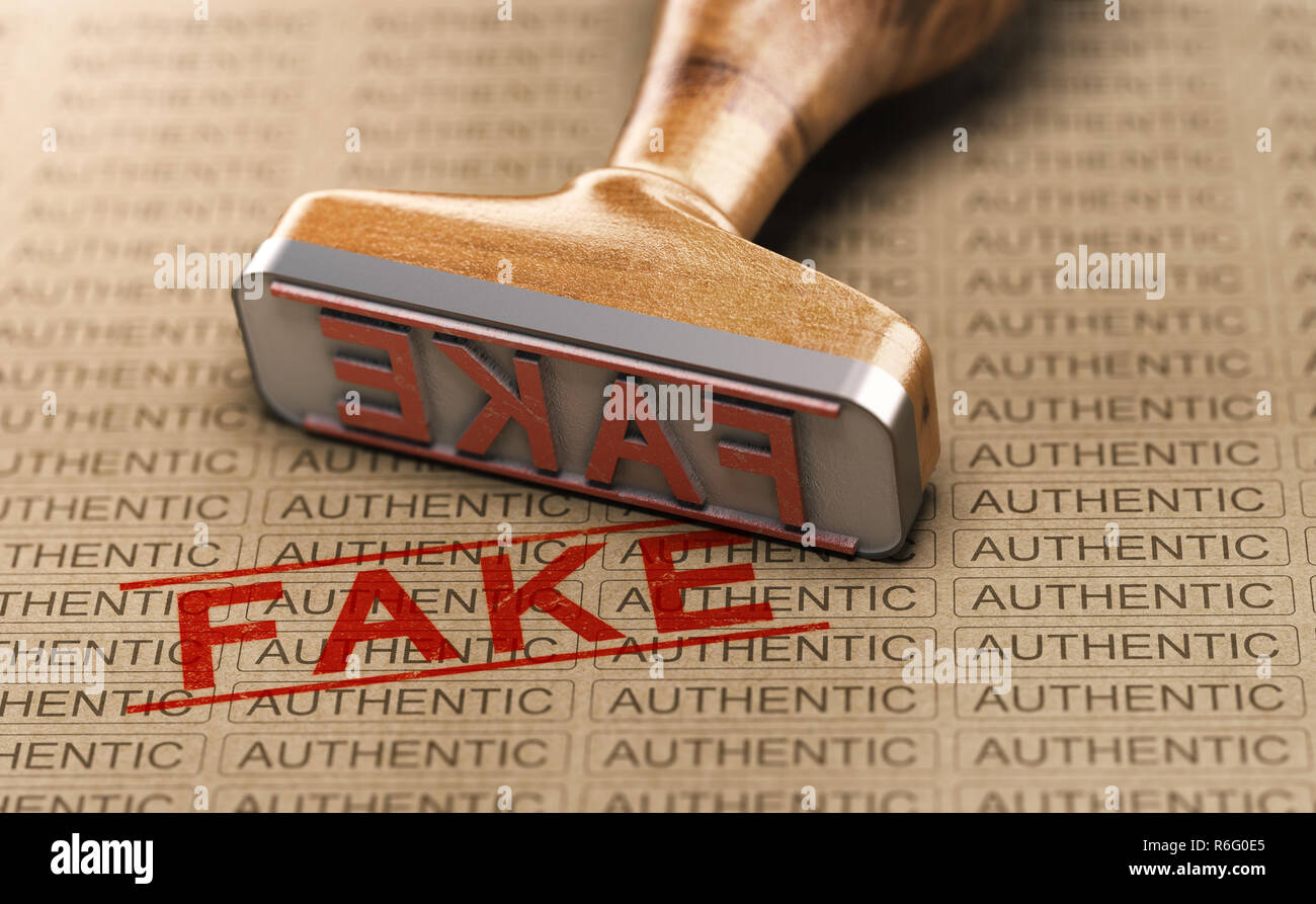 Rubber stamp and word fake printed on a paper background with the repeated text authentic. Concept of counterfeit or plagiarism. 3D illustration. Stock Photo