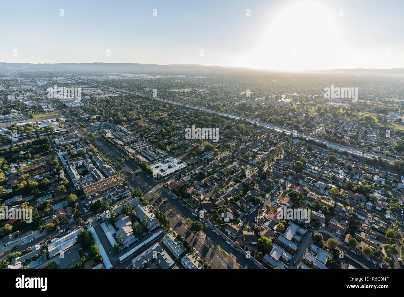 Late afternoon aerial view of San Diego 405 freeway and the sprawling San Fernando Valley in Los Angeles, California. Stock Photo