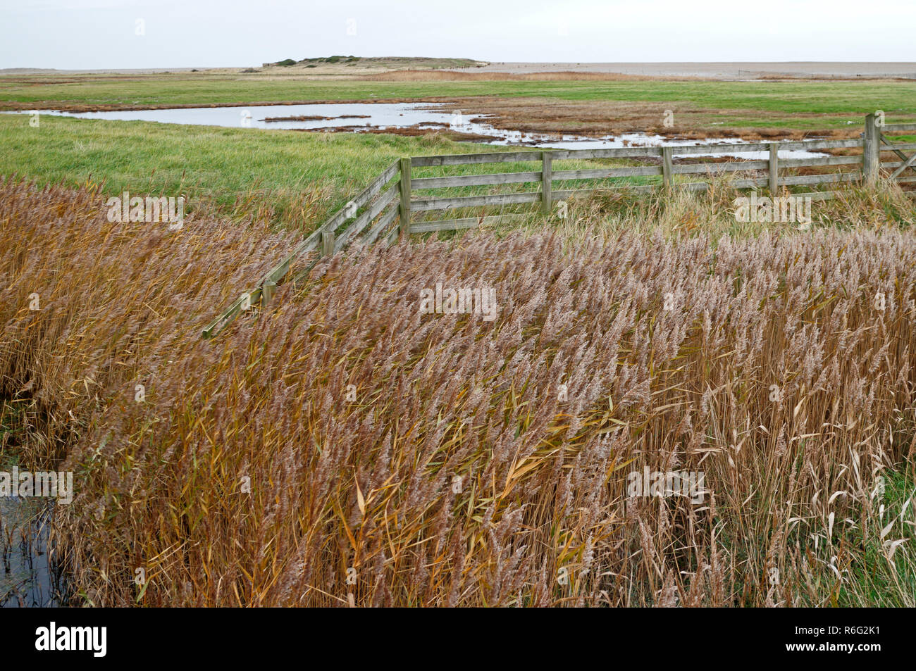 A view over the Salthouse Marshes Nature Reserve towards the Little Eye on the North Norfolk coast at Salthouse, Norfolk, England, UK, Europe. Stock Photo
