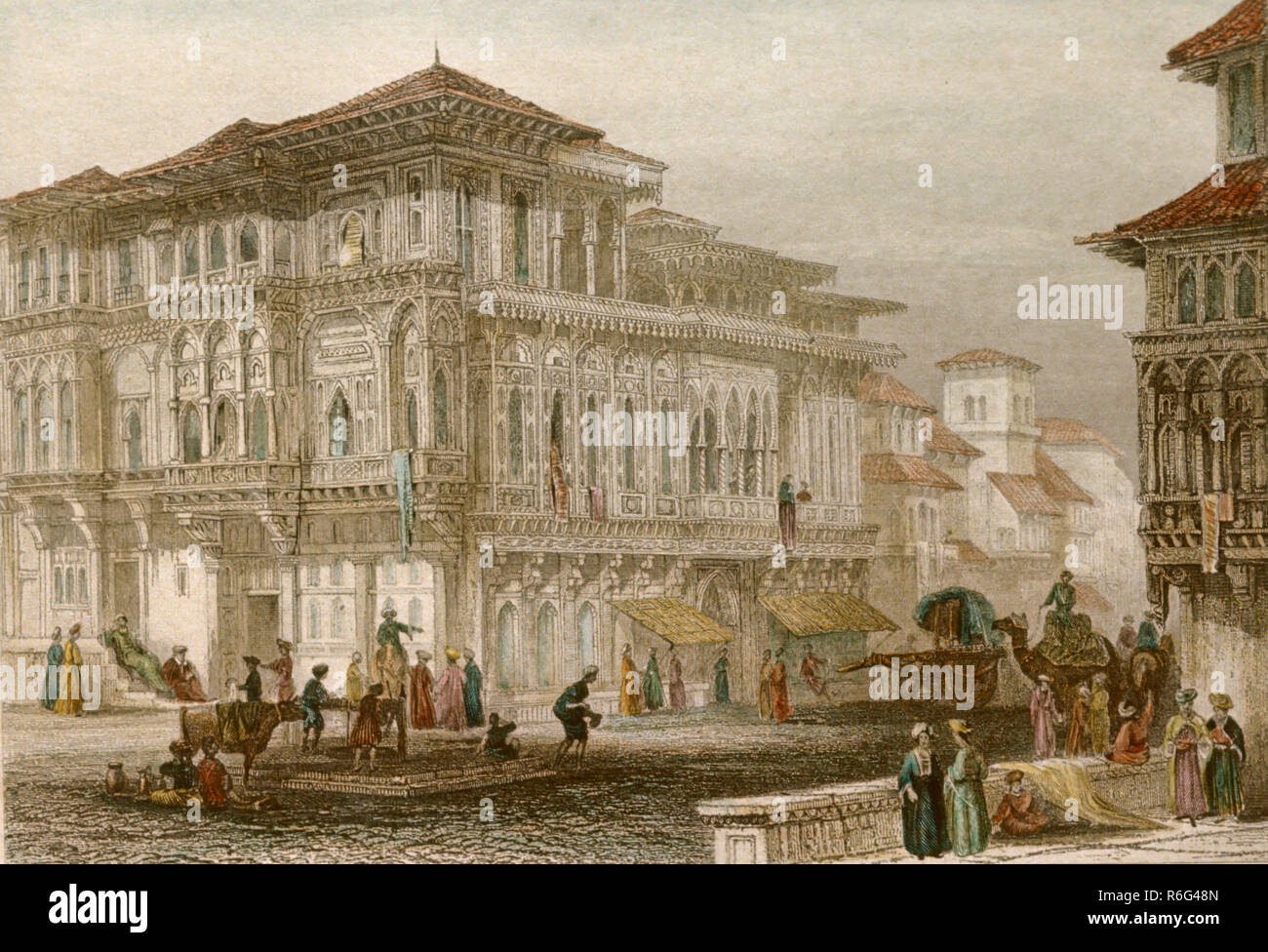 hand colored painting of old town, India, Asia, old vintage 1800s lithograph Stock Photo