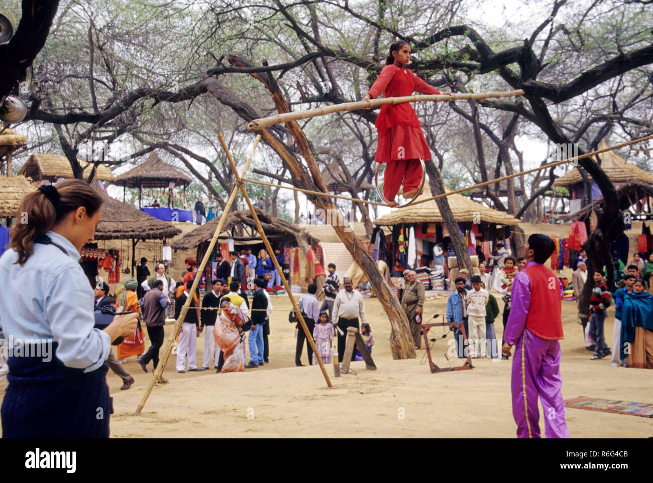 Tightrope walking, rope walking, street circus, acrobat show, Surajkund Fair, Haryana, India, Asia Stock Photo