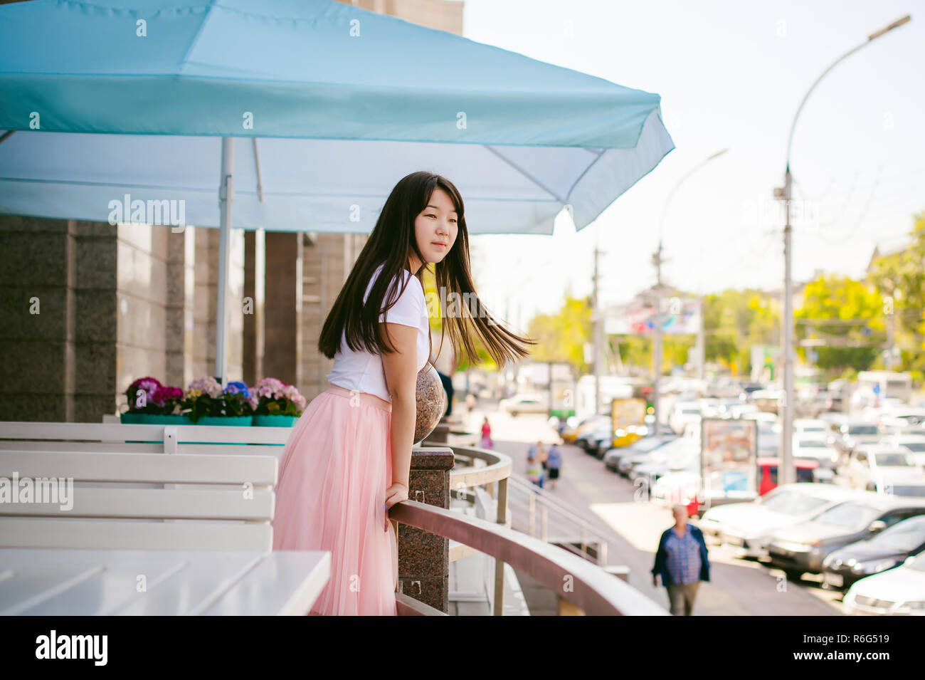 Cute Asian Young Woman In Summer Cafe Outdoors Girl In White T