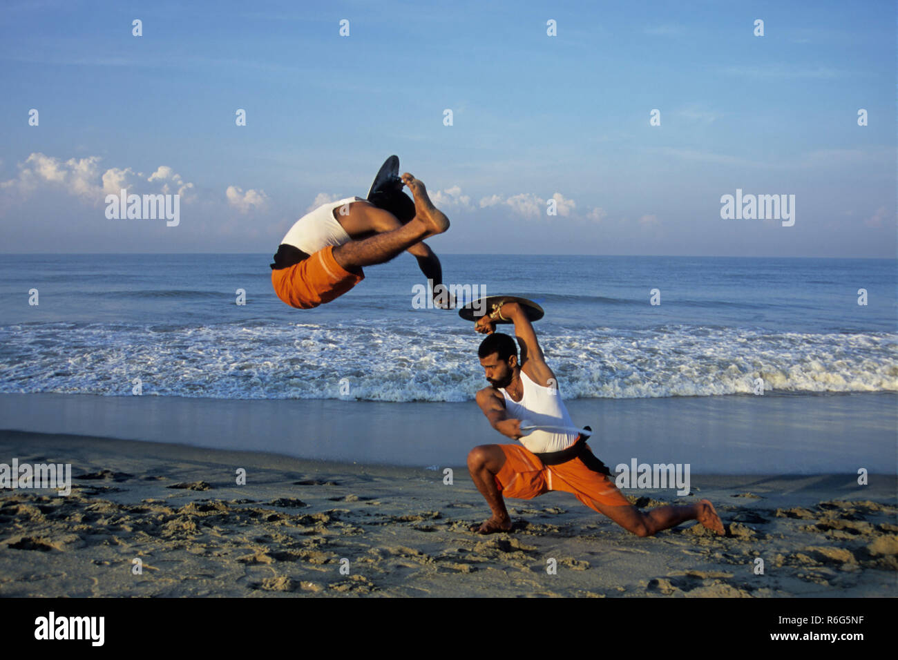 Kalarippayattu, Ancient Martial Art of Kerala, sword and shield fighting, Kerala India Asia Indian Asian MR#777D Stock Photo