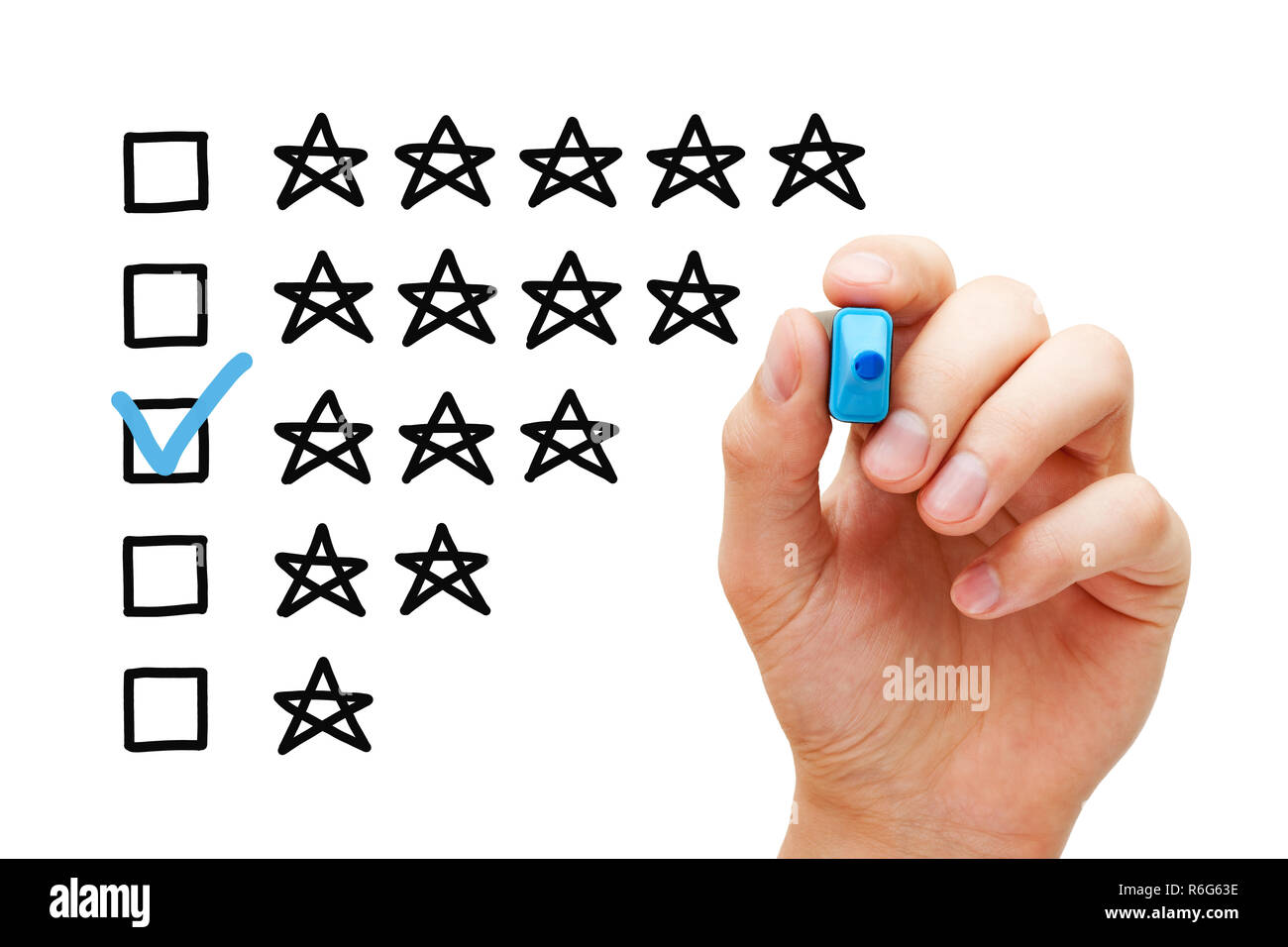 Hand putting check mark with blue marker on average three star rating. Stock Photo