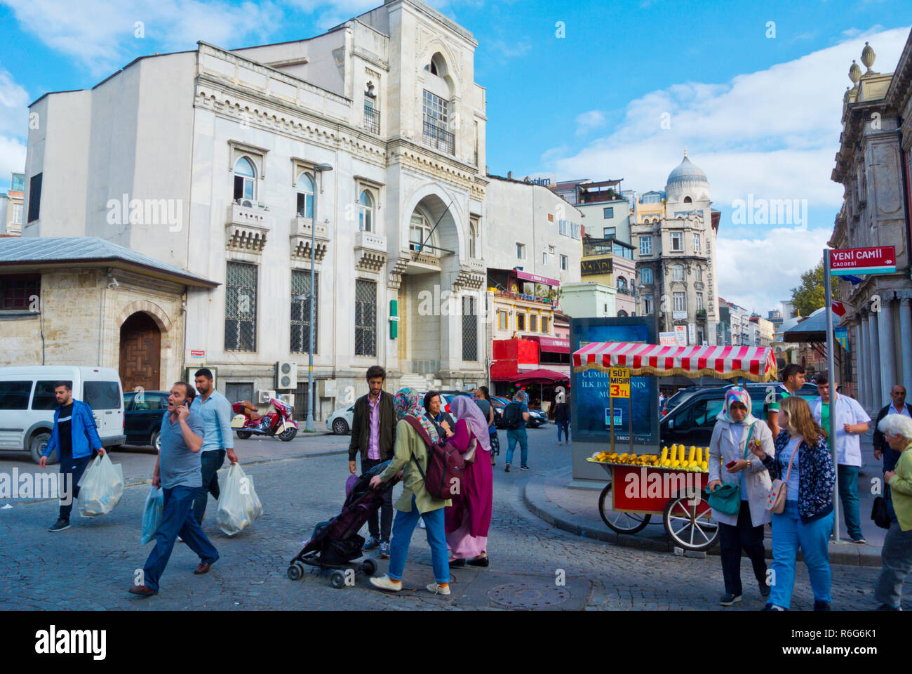 Yeni Camii caddesi, with Turkey IS Bank Museum in background, Fatih, Istanbul, Turkey, Eurasia Stock Photo