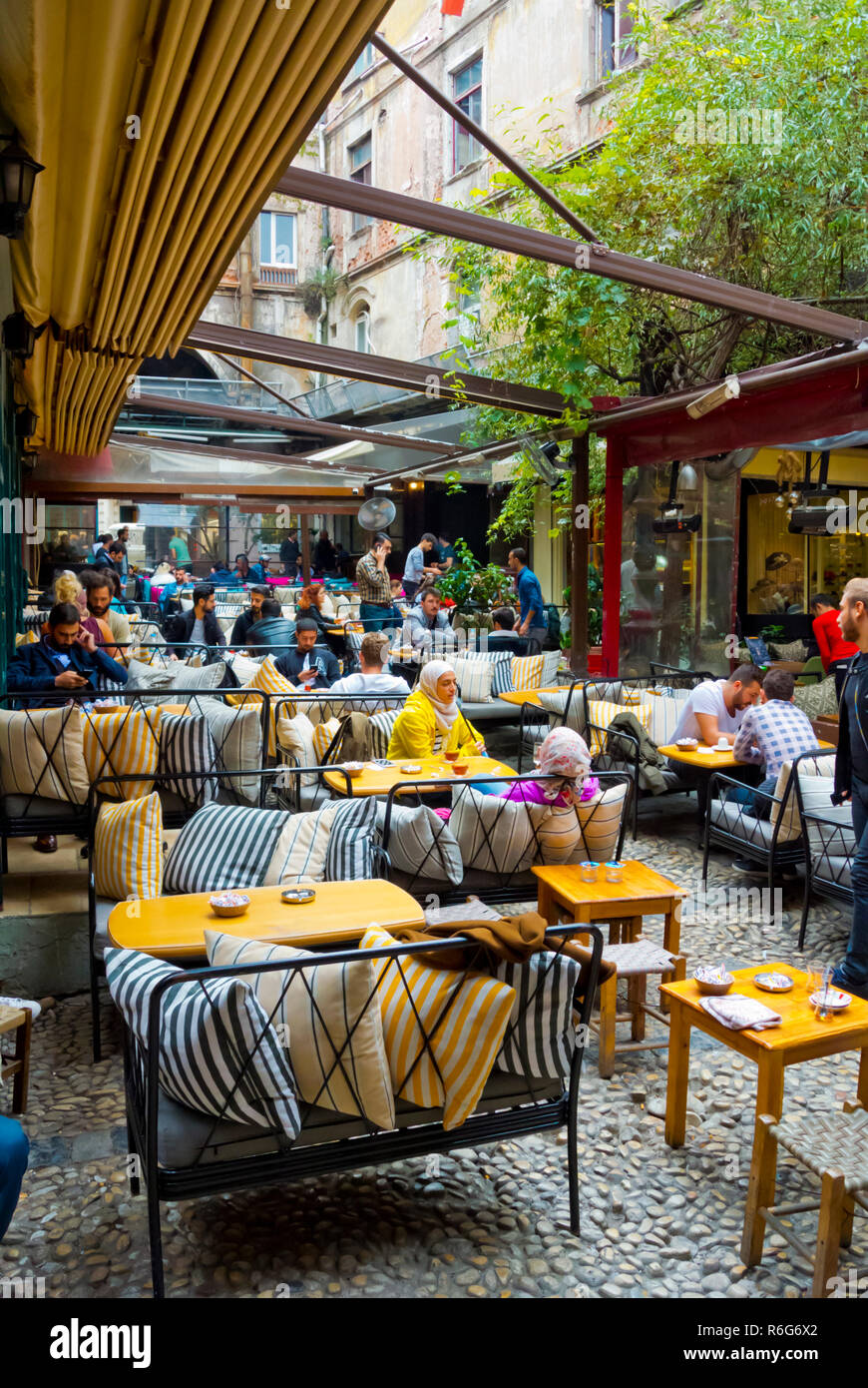 Cafe and teahouse terraces, Hazzo Pulo Pasaji, Beyoglu, Istanbul, Turkey, Eurasia Stock Photo