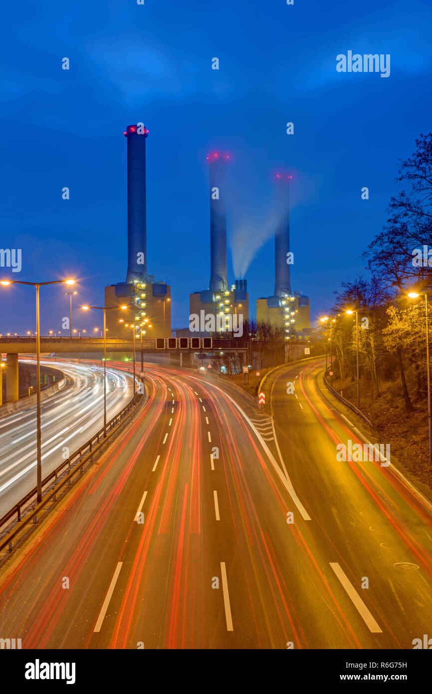 highway and power station seen at night in berlin,germany Stock Photo