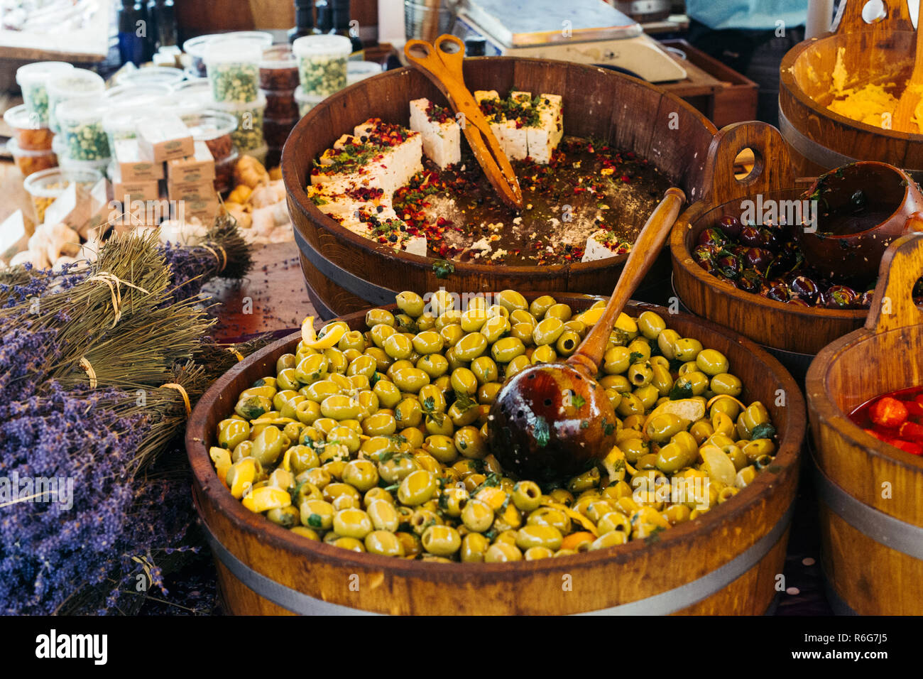 Variety of greek foods and goods at Portobello Market in Notting Hill, London, UK Stock Photo