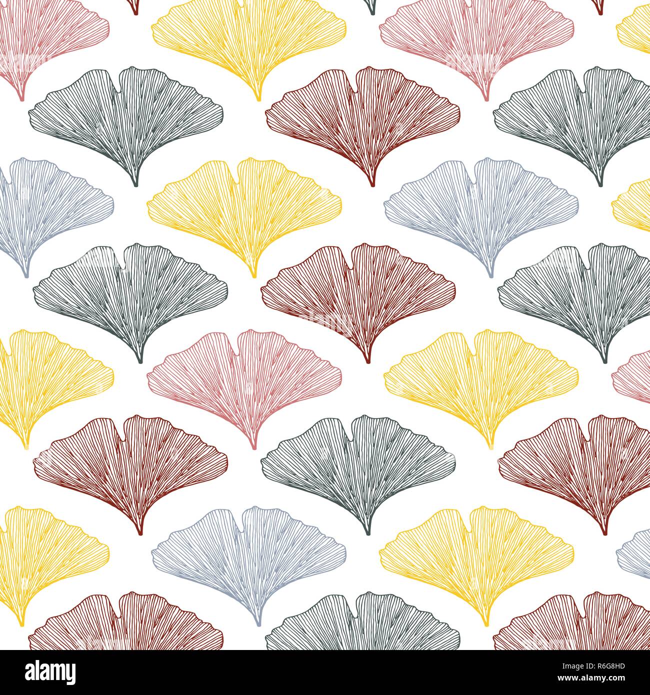 Hand drawn textured ginkgo leaves vector pattern in a pink, red, yellow and gray color palette Stock Vector