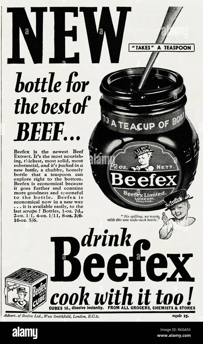 Original 1930s vintage old print advertisement from 30s English magazine advertising Beefex beef extract drink circa 1932 Stock Photo