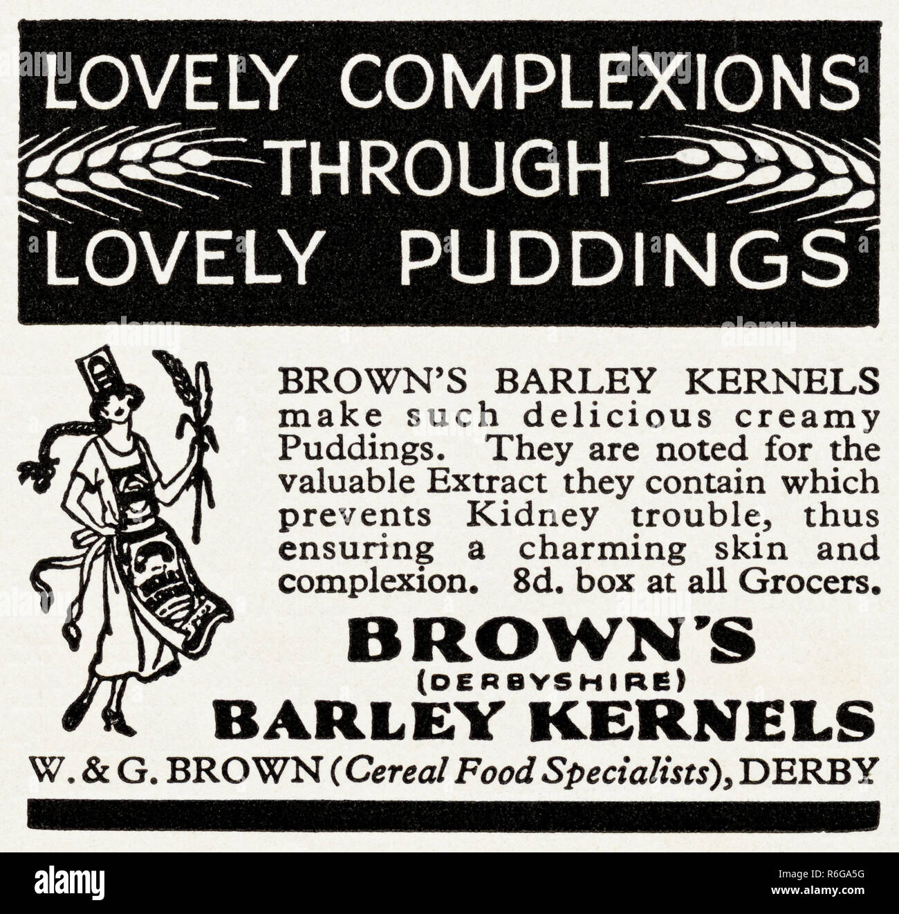 Original 1930s vintage old print advertisement from 30s English magazine advertising Brown's barley kernels of Derby England UK circa 1932 Stock Photo