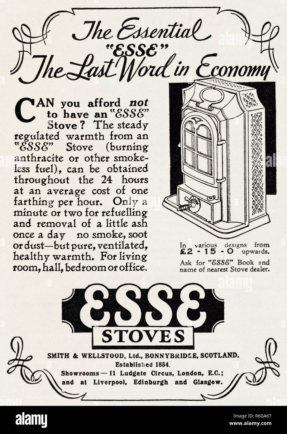 Original 1930s vintage old print advertisement from 30s English magazine advertising ESSE Stoves by Smith & Wellstood Ltd of Bonnybridge Scotland UK established 1854 circa 1932 Stock Photo