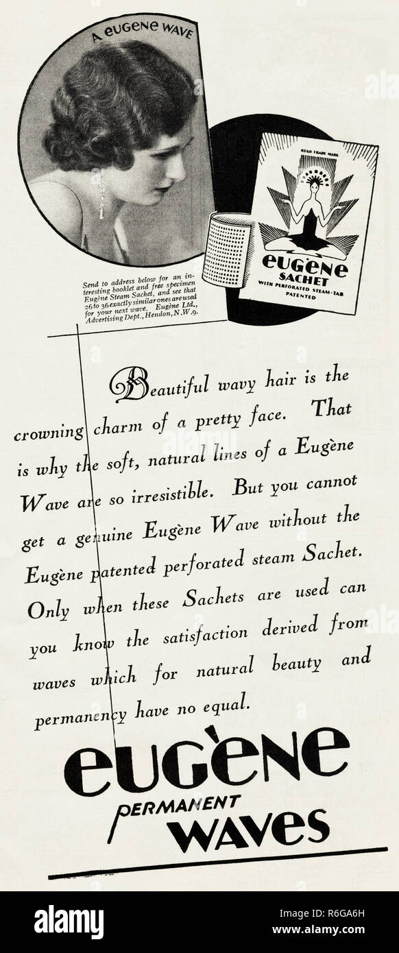 Original 1930s vintage old print advertisement from 30s English magazine advertising Eugene permanent waves for ladies hair circa 1932 Stock Photo