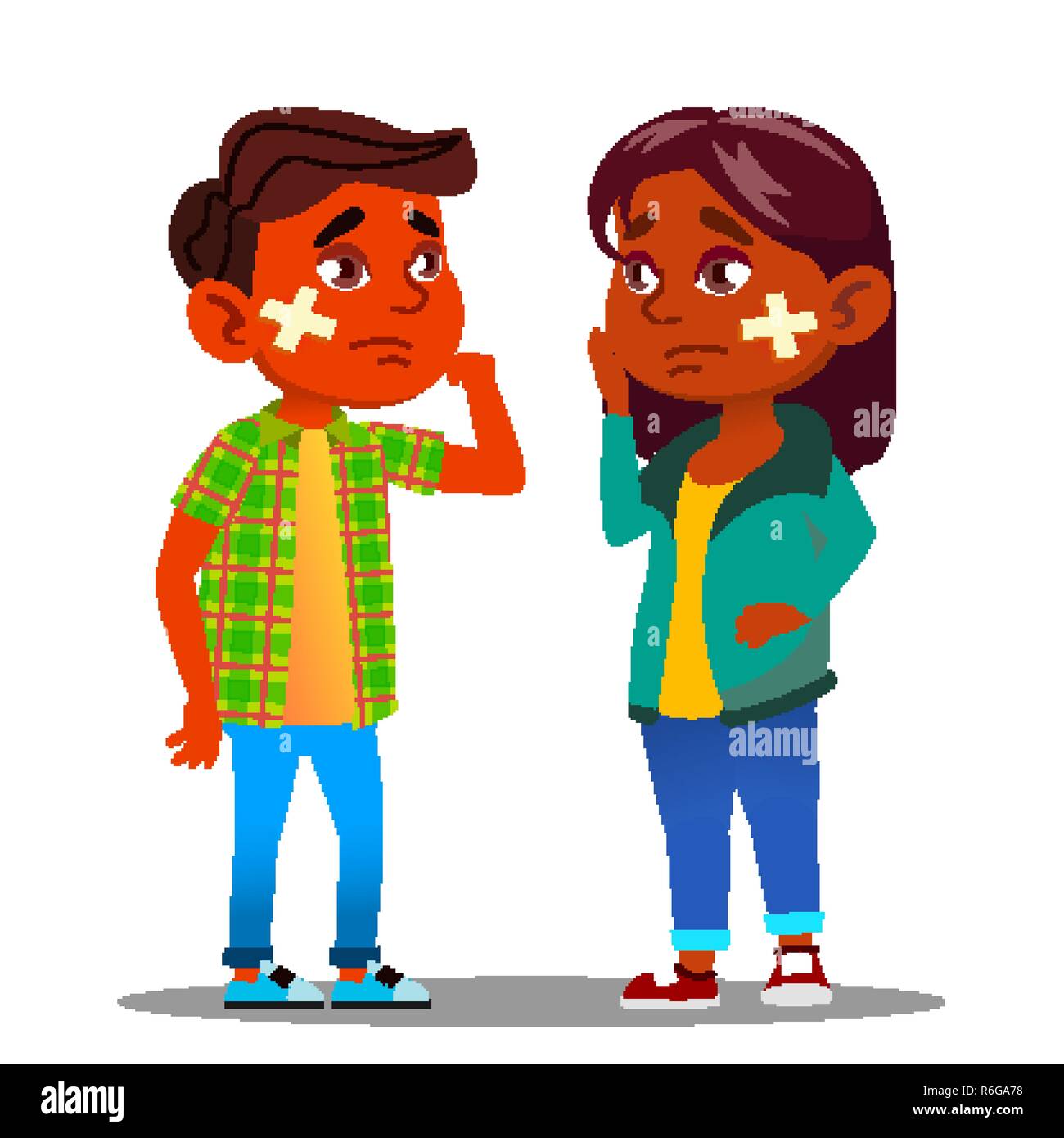 Sad Indian Child Girl, Boy With Cross With Scratch And Cross Medical Patch  On Cheek Vector. Isolated Cartoon Illustration Stock Vector Image & Art -  Alamy