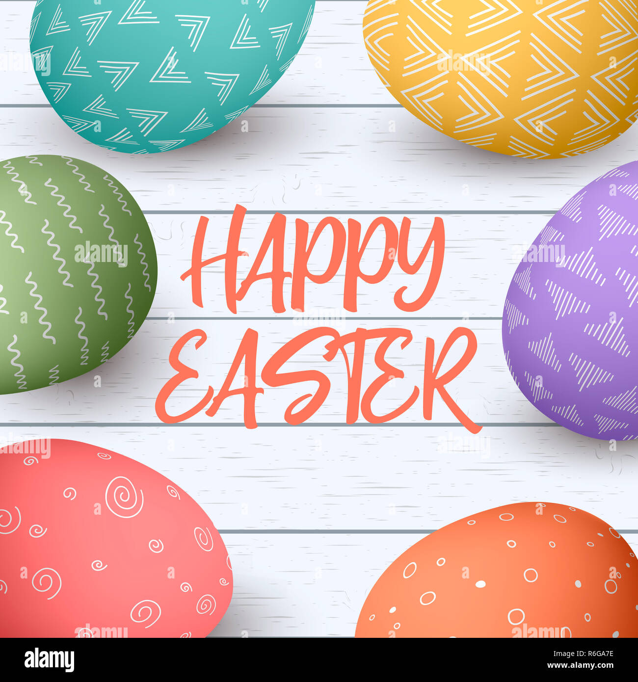 Happy Easter eggs frame with text. Colorful easter eggs on white wooden ...