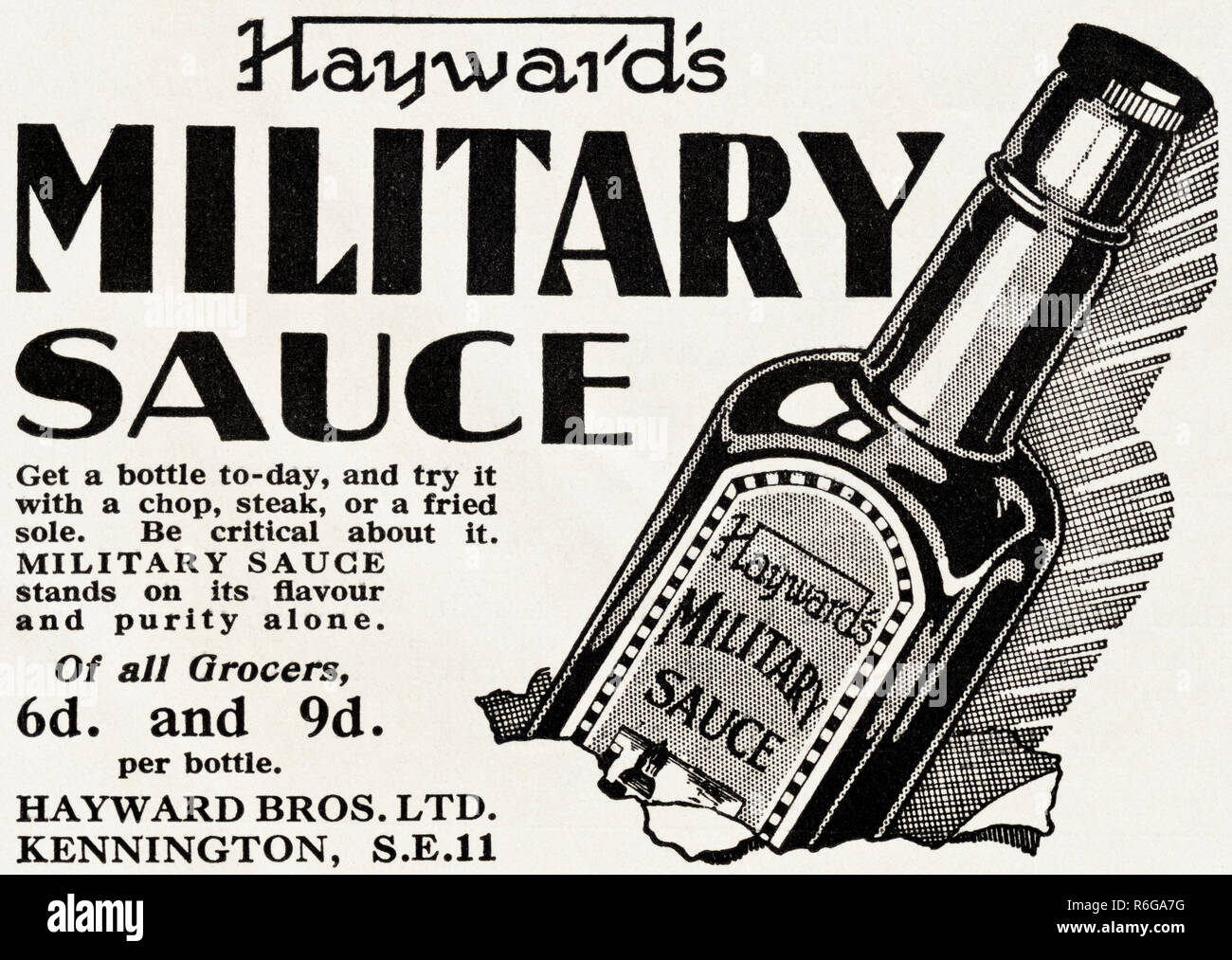 Original 1930s vintage old print advertisement from 30s English magazine advertising Hayward's Military Sauce circa 1932 Stock Photo