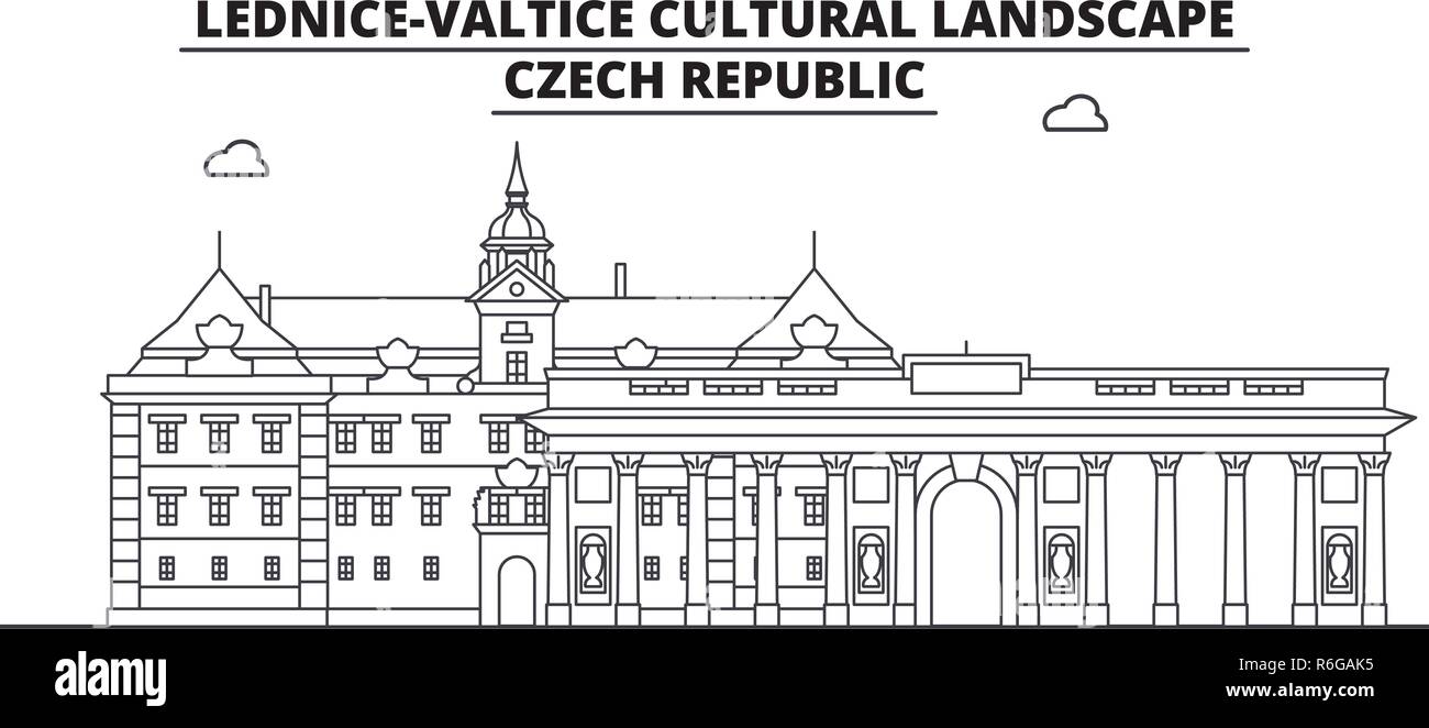 Czech Republic - Lednice - Valtice  travel famous landmark skyline, panorama, vector. Czech Republic - Lednice - Valtice  linear illustration Stock Vector