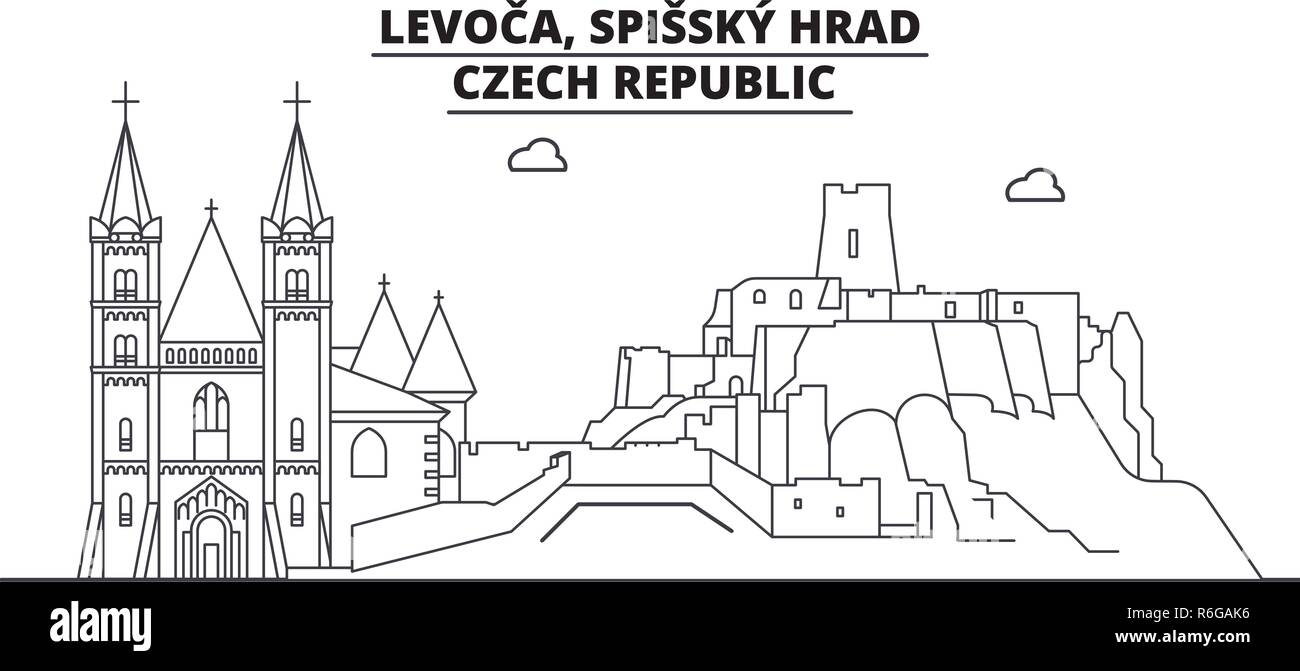 Czech Republic - Levoca, Spissky Hrad travel famous landmark skyline, panorama, vector. Czech Republic - Levoca, Spissky Hrad linear illustration Stock Vector